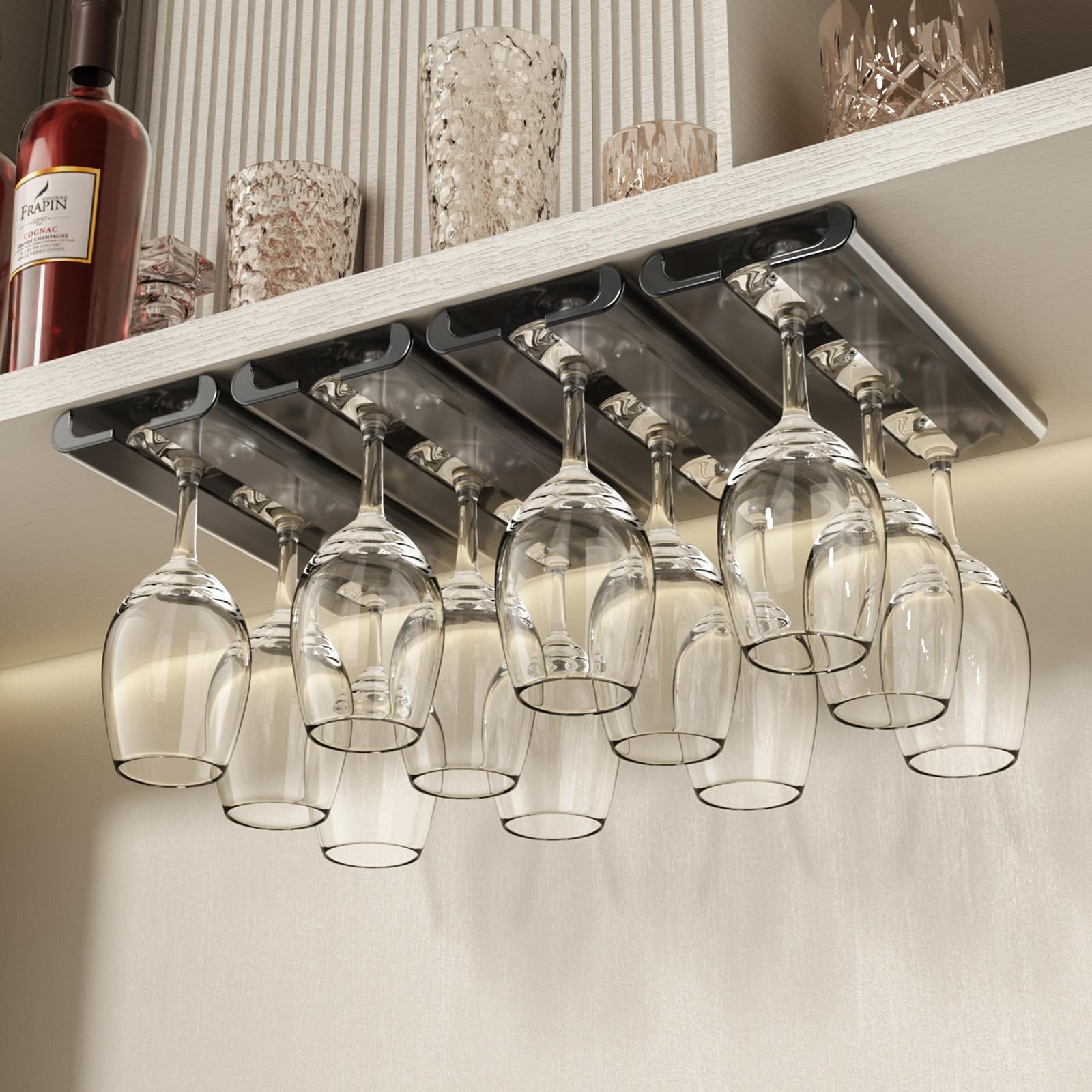 Vaisoeny Wine Glass Holder, 4Pack Wine Glass Holder Under Cabinet, No Drilling Installation Wine Glass Rack, Stemware Rack, Glass Hanging Rack for Kitchen and Bar (Gery)