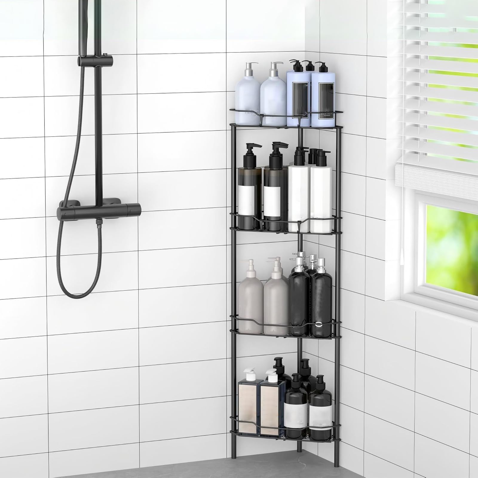 Mensola Doccia Angolare, Porta Shampoo Doccia Senza Forare, Portaoggetti Doccia Da Terra Con Ganci, Triangolo Organizer Bagno, Per Bagno Cucina (Nero)(Size:4 Tier,Color:Nero)