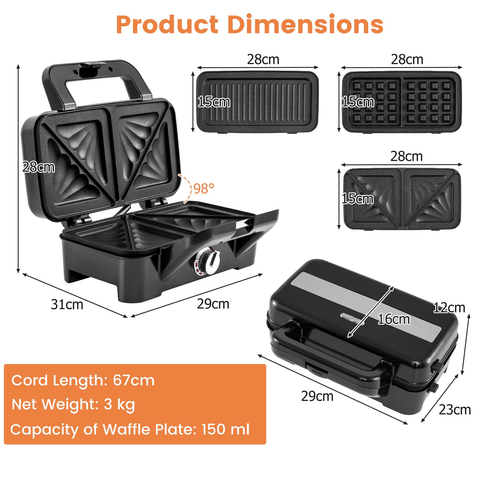 SOARS Sandwichera 3 en 1, 1200 W, máquina eléctrica Panini | 5 temperaturas ajustables, doble cara, parrilla extraíble y lavable, antisobrecalentamiento, color negro