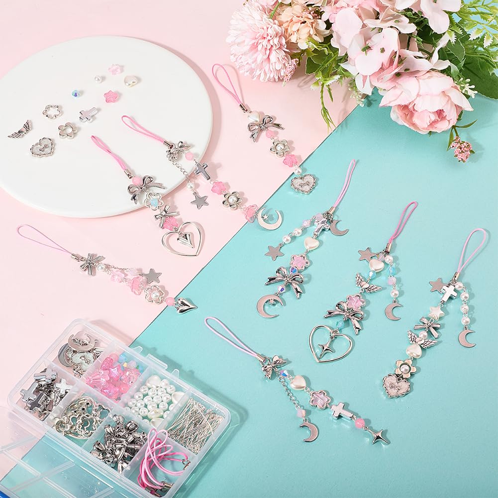 SUNNYCLUE 1 Box DIY 8 Sets Phone Charm Kit Bow Phone Charms Strap Cute Kawaii Bowknot Phone Keychain Pendants Wing Heart Star Pink Beads for Women Adults Cellphone Case Keychains Bag Decoration - Image 4