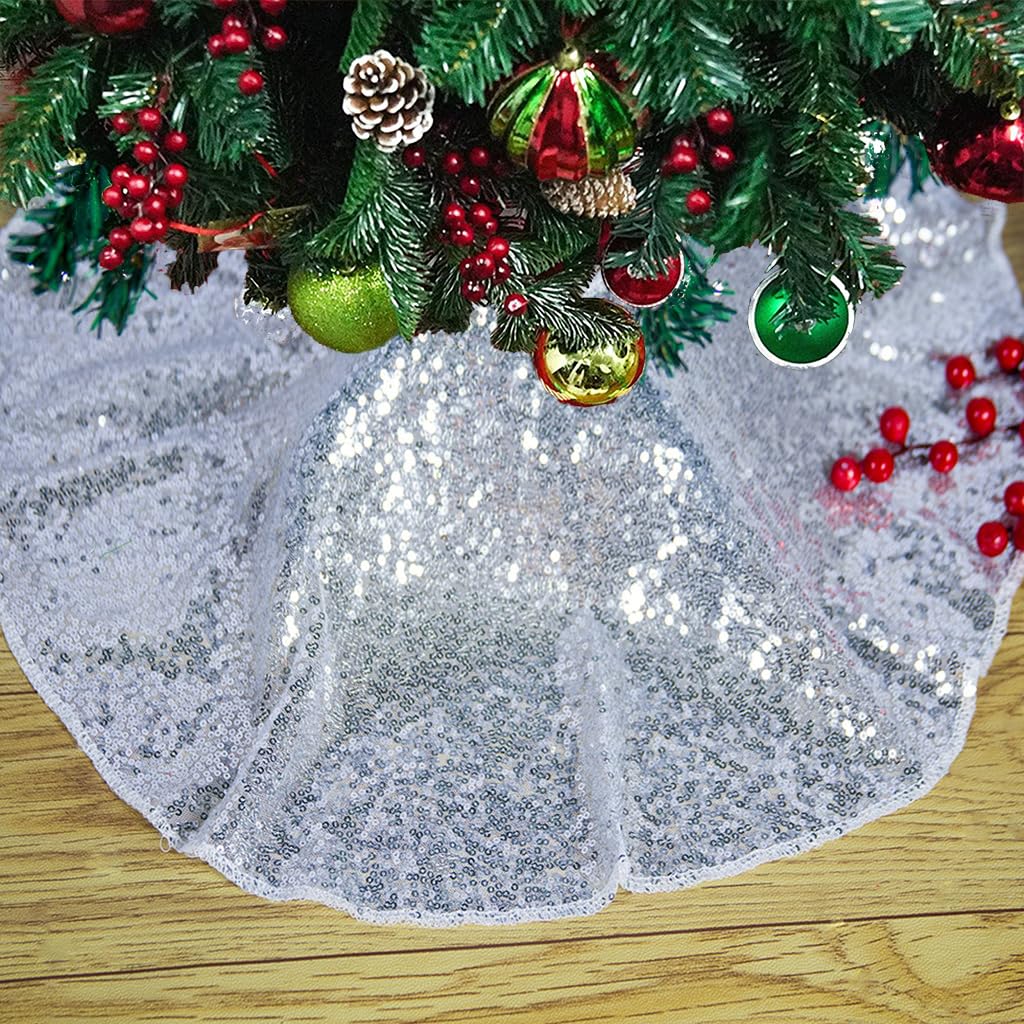 Christmas Tree Skirt Small 24 Inch Sequin Tree Skirt Silver Xmas Holiday Decoration Glitter Tree Skirts for Halloween Small Round Christmas Tree Mat Luxury (24 Inches, Silver)