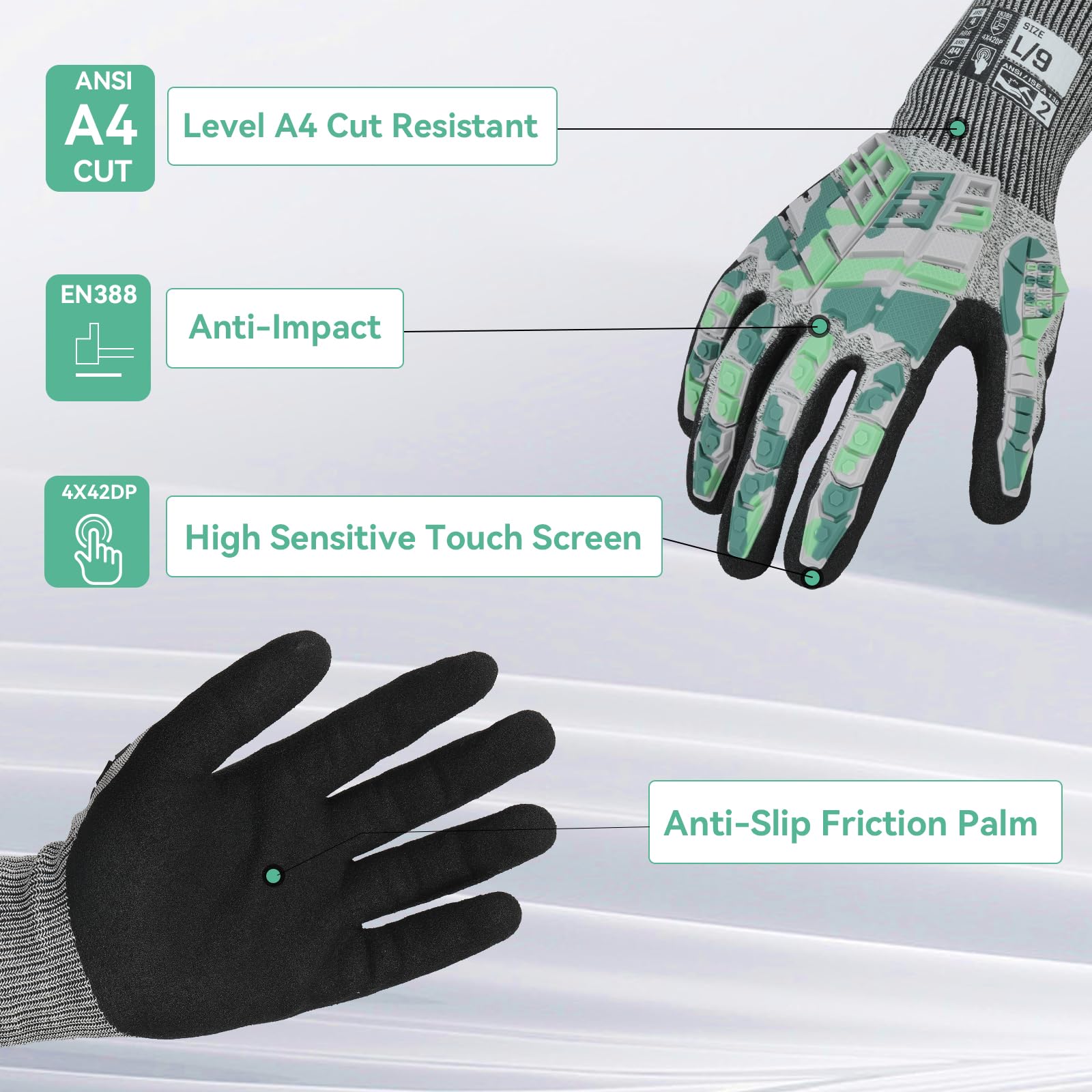Gants de travail de sécurité, gants de frappe pour hommes et femmes, résistants aux coupures, antidérapants et durables, avec poignée en nitrile, gants pour écran tactile avec protection