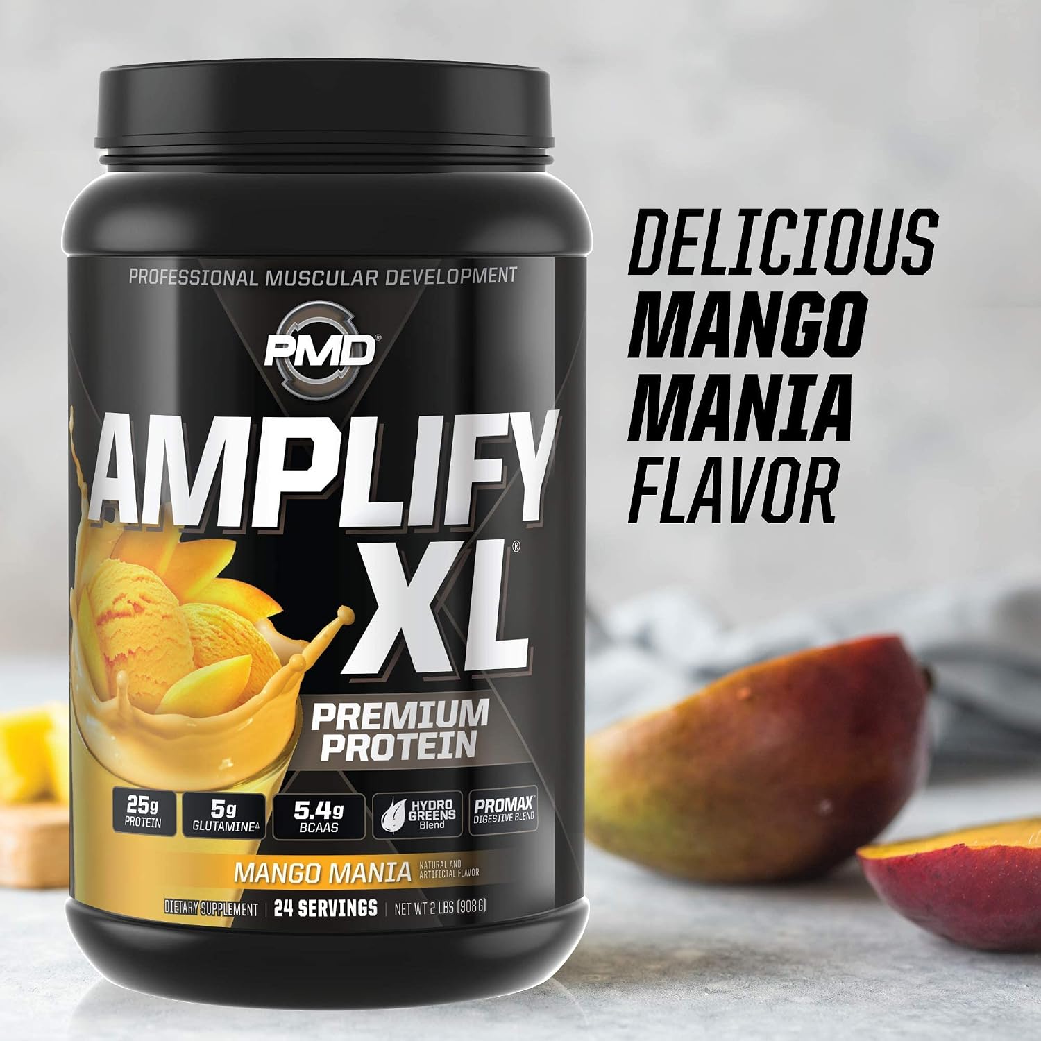 PMD Sports Amplify XL Premium Whey Protein Supplement Hydro Greens Blend - Glutamine and Whey Protein Matrix with Superfood for Muscle, Strength and Recovery - Mango Mania (24 Servings)