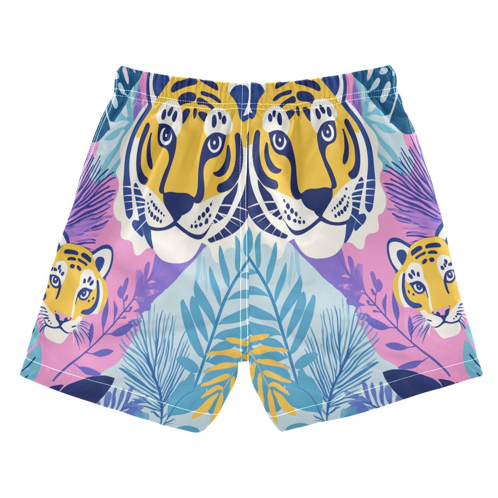Jucciaco Boys Swim Trunk Quick Dry Beach Board Shorts Tiger Monstera Cartoon Swimwear for Kids Multicolor