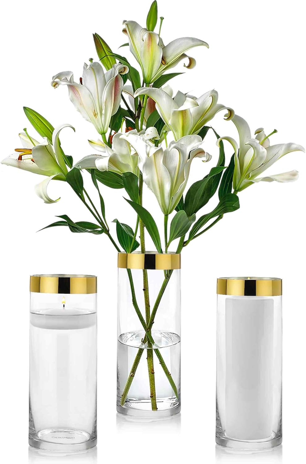 Set of 3 Glass Cylinder Vases 10 Inch Tall with 1 Inch Gold