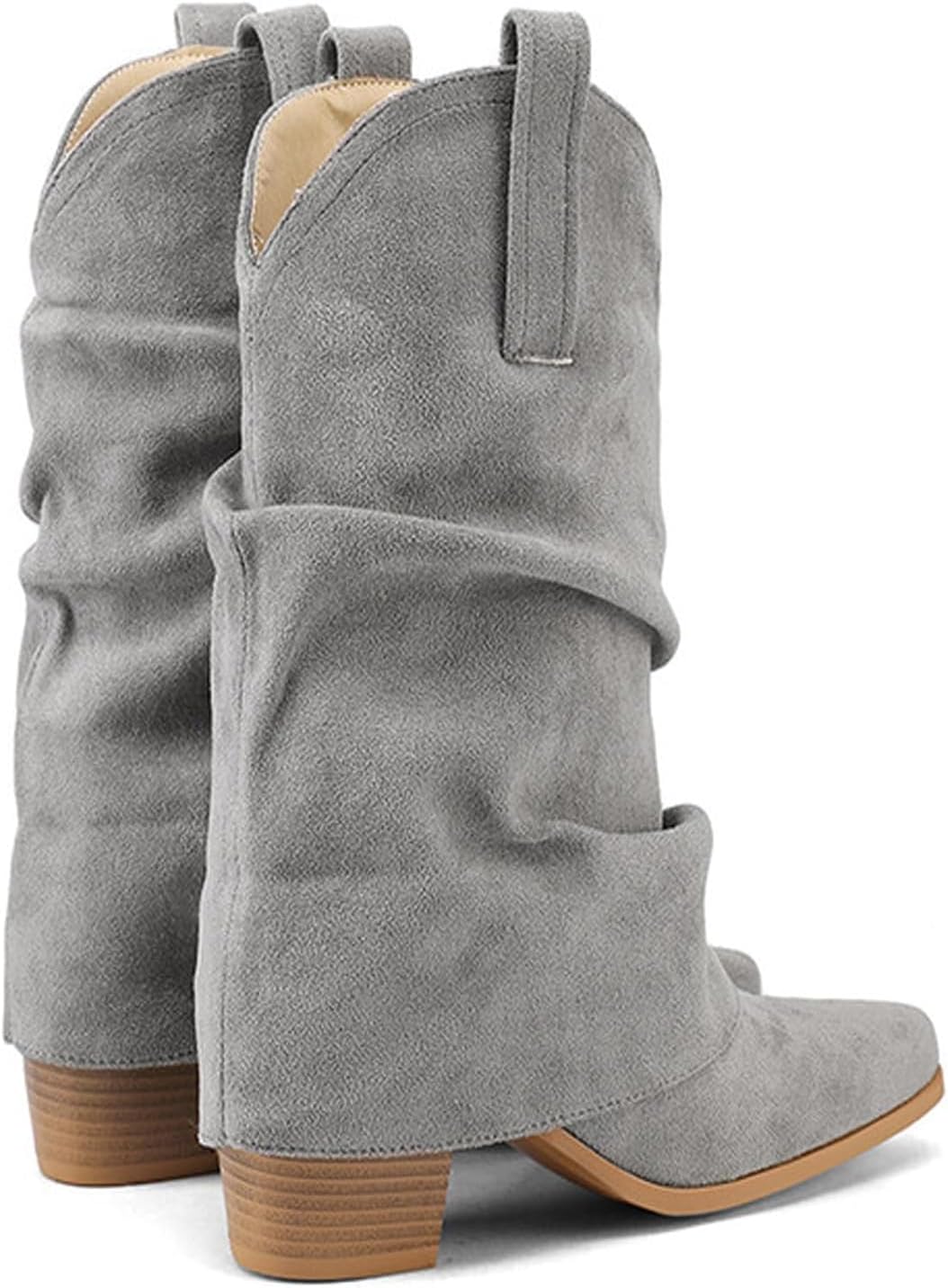 Alsoloveu Women's Fold Over Boots Mid Calf Slouchy Boots Pointed Toe Chunky Heel Western Cowboy Boot Pull On Stacked Cowgirl Booties