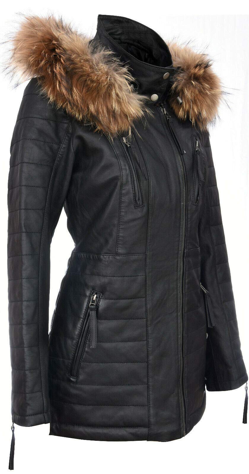 Infinity Leather Chaqueta Parka de Cuero Negra Para Mujer Acolchada Desmontable Con Capucha Gabardina