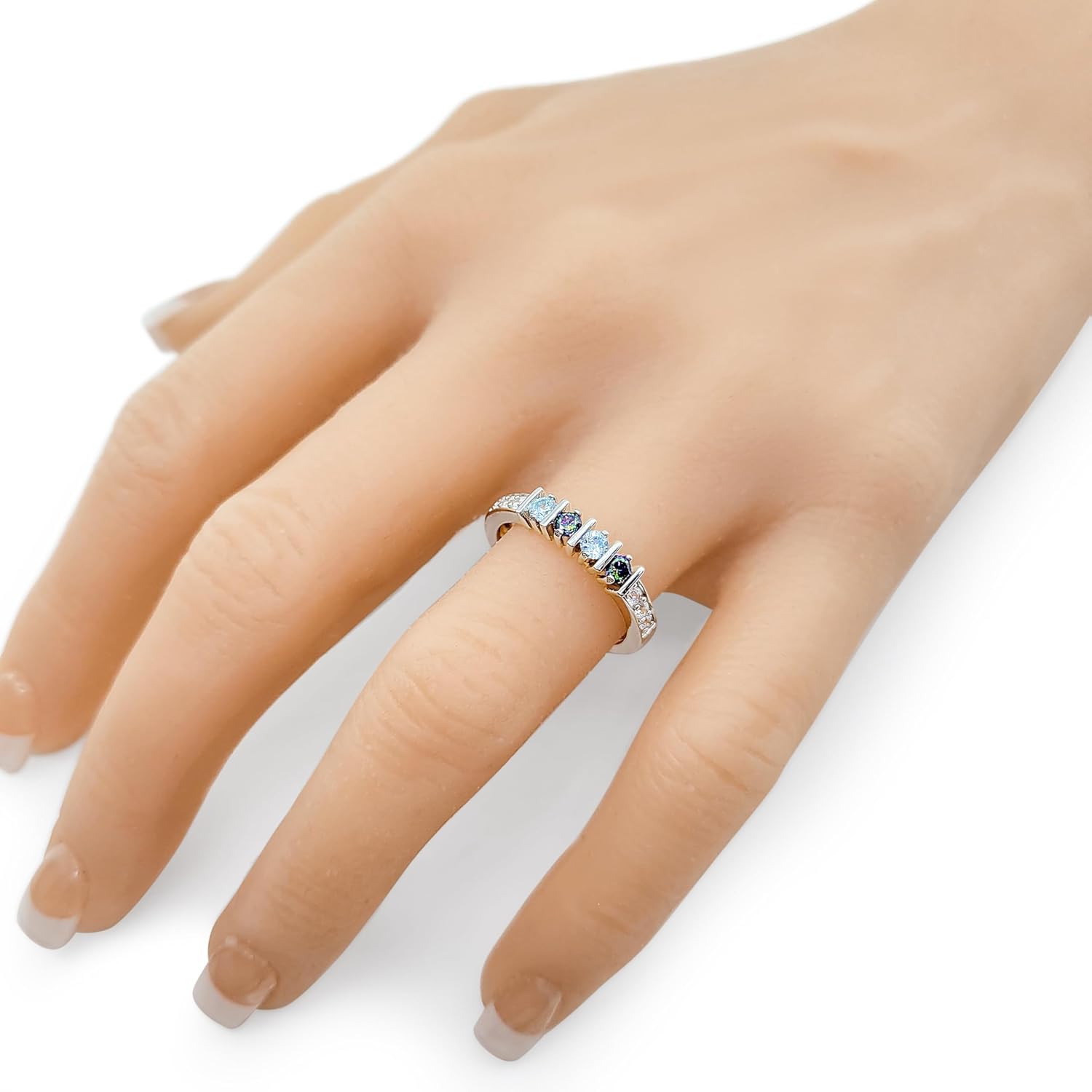 Central Diamond Center Straight Bar w/Side CZs Mothers Ring with 1-6 Simulated Birthstones in Solid Sterling Silver, 10K or 14K Gold