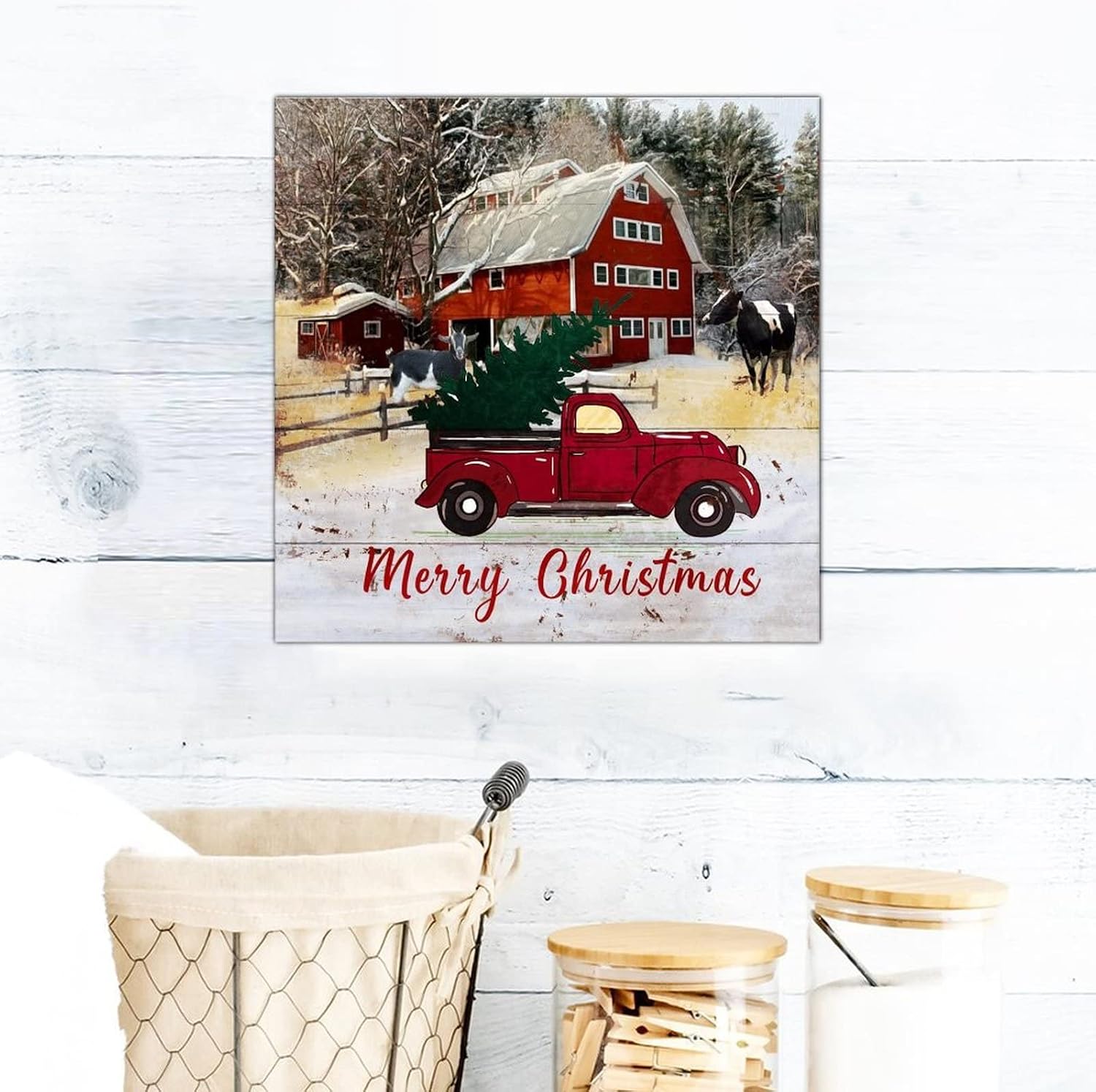 Merry Christmas Farm Barn Wooden Signs Farmhouse Farm Sheep Cow Red Truck Wood Plaque Sign Christmas Is Coming Wall Art Hanging Farmhouse Decoration Plaque For Home Kitchen Living Room Table 16x16in