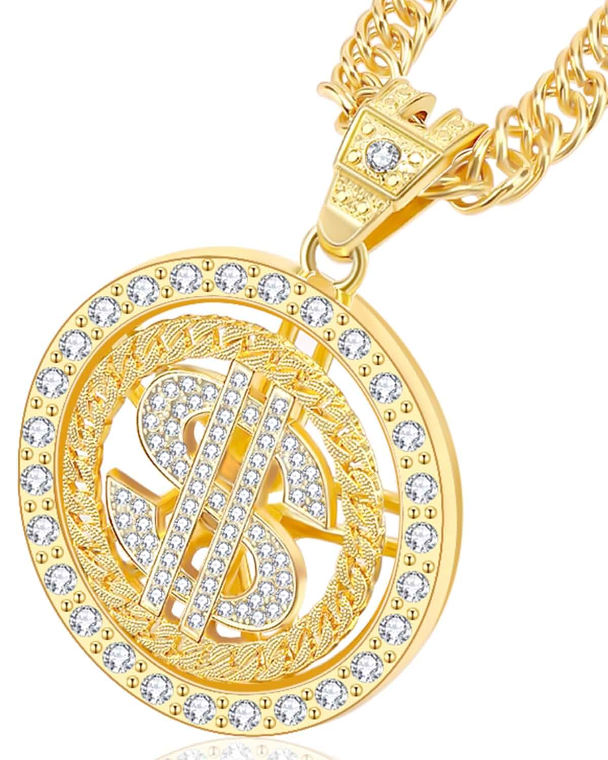 PinCute 18K Gold Plated Dollar Chain Necklace, Fake Money Chain for Men Dollar Sign Hip Hop Gold Chain Necklace Pendant for Men and Women, Halloween, Rapper, Jersey Shore Outfit