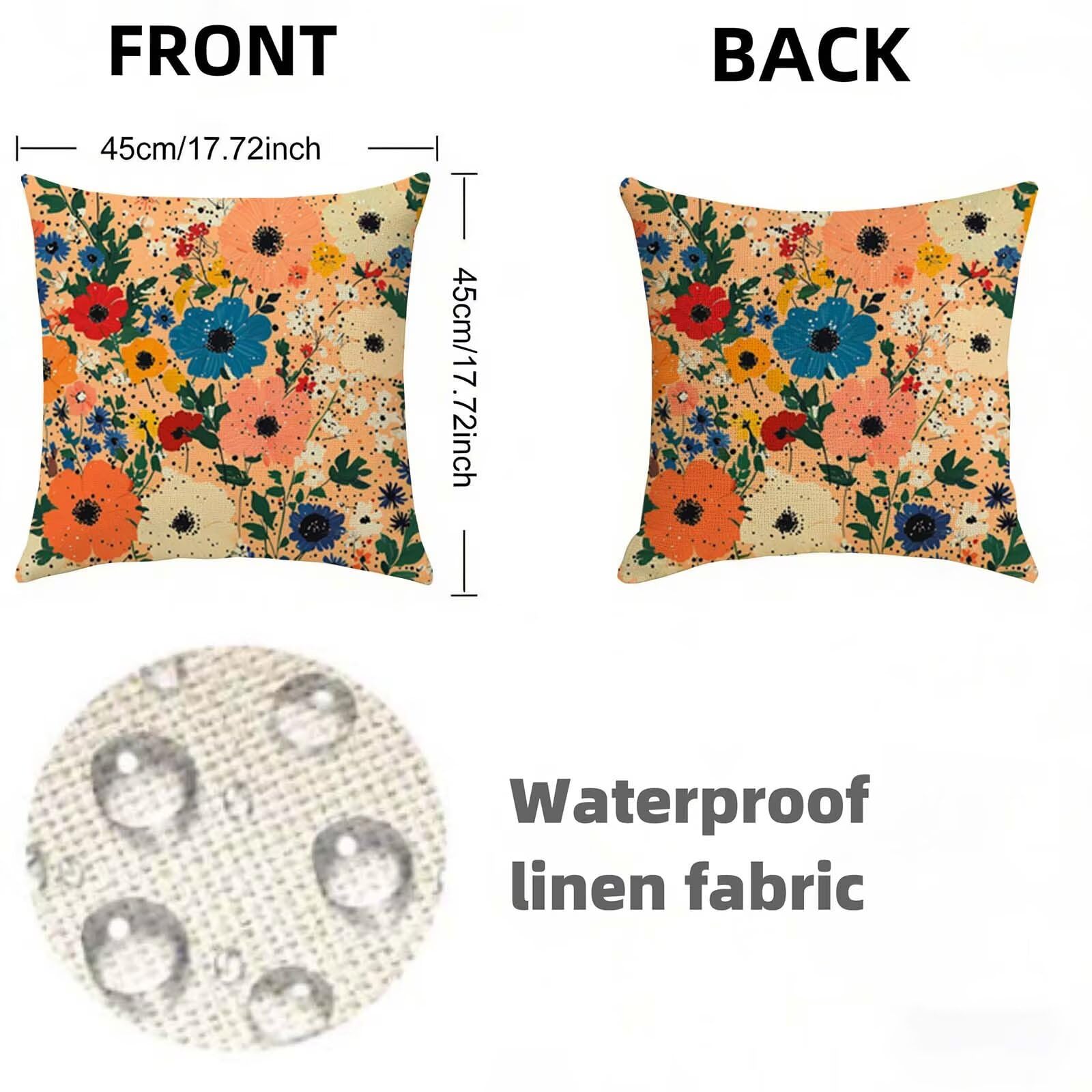 Housse de Coussin 80 x 80 CM Lin,Lot de 2 Housse Coussin Orange,Taie Oreiller Fleur Impermeable,Respirant Confort Coussins Décoratifs Convient à toutes les saisons pour Décor Jardin Salon Canapé X-663