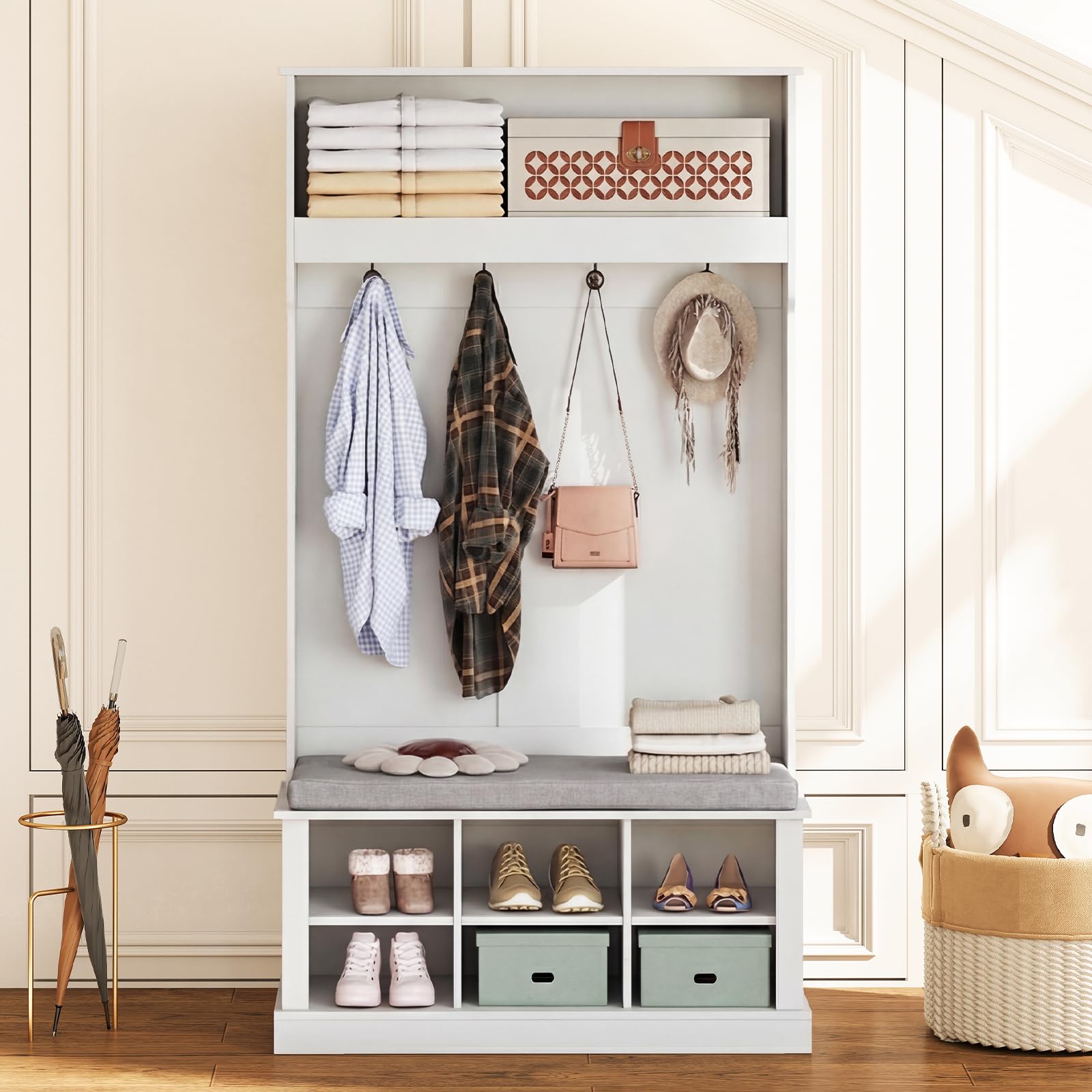 HAUSPROFI Flurgarderobe mit Sitzbank platzsparend 100×40×170 cm, 4 Haken + verstellbare Böden, stabile Spanplatte-MDF, graues Leinenkissen, für Diele, Flur & Wohnzimmer (Weiß)