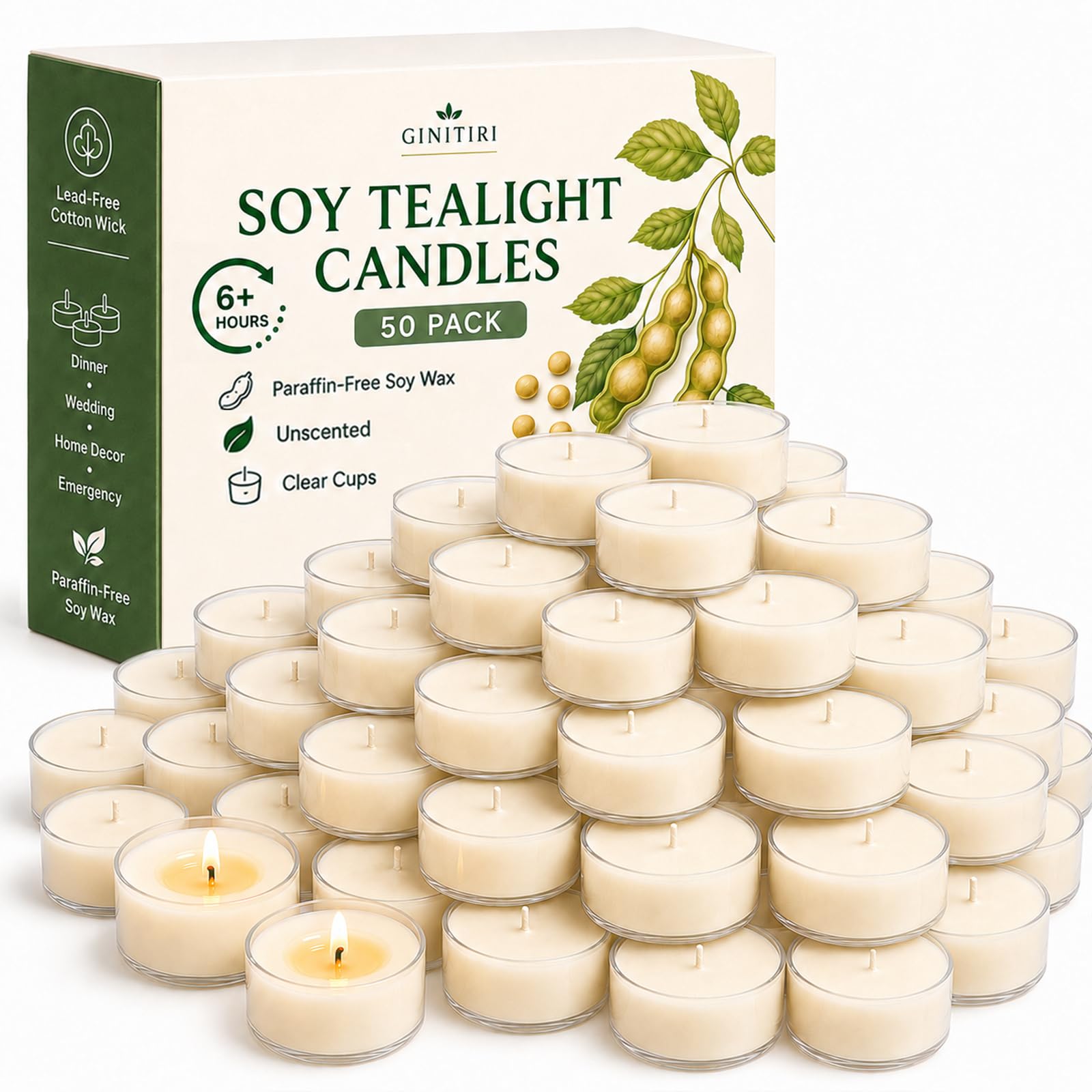 Soy Tealight Candles 50 Pack,6-Hour Unscented Tea Lights Bulk | Paraffin-free Soy Tea Lights,Clear Cups,Lead-free Cotton Wicks,for Dinner,Wedding,Home Decor,Bathroom,Meditation,Emergency White 6H-50pack