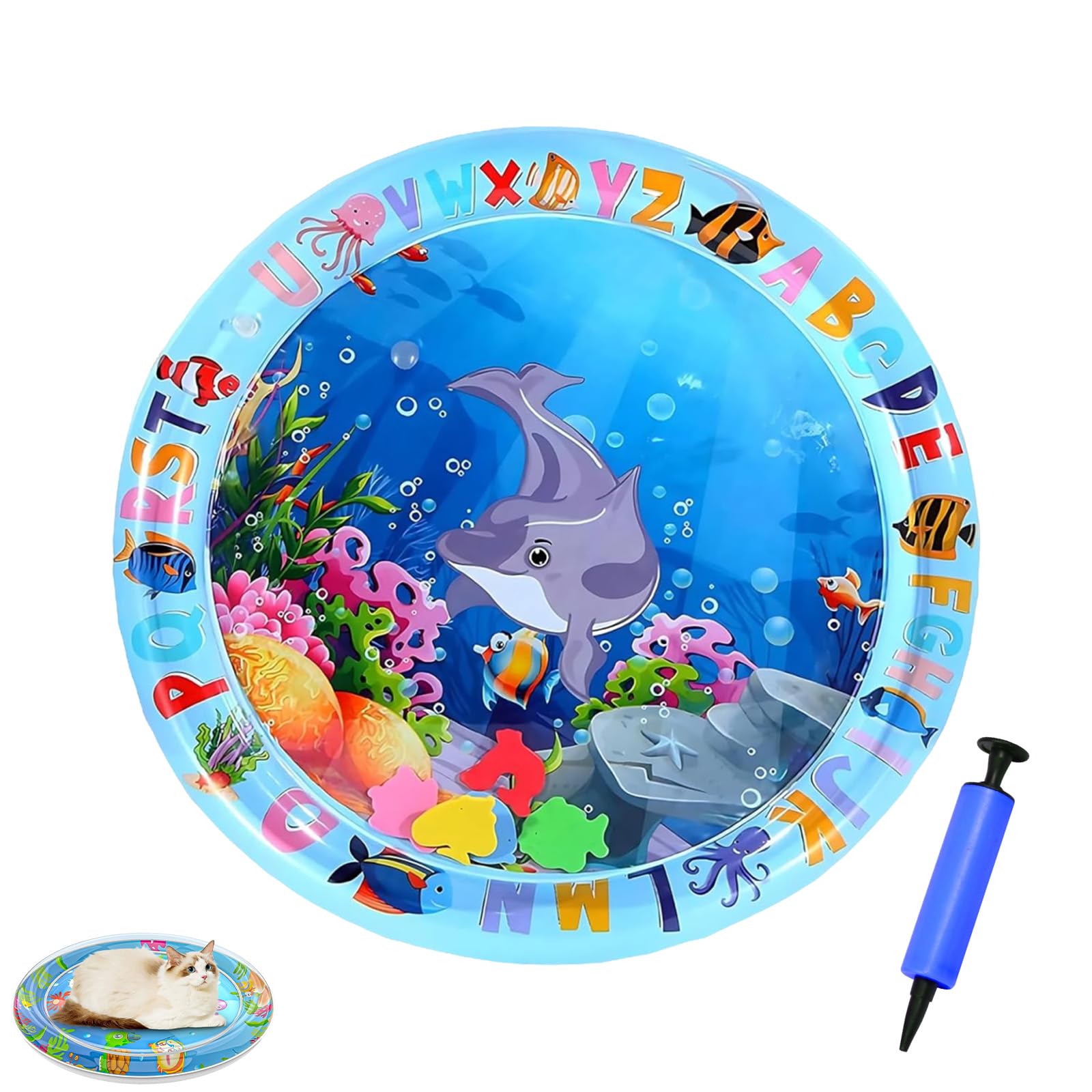 QhgPnt Cat Water Mat, Cat Cooling Mat With Inflator, Interactive Cat Toy, 65 x 65cm Rugged Sensory Play for Cats Dogs, Interactive Cat Play Mat For Indoor Exercise And Stress Relief