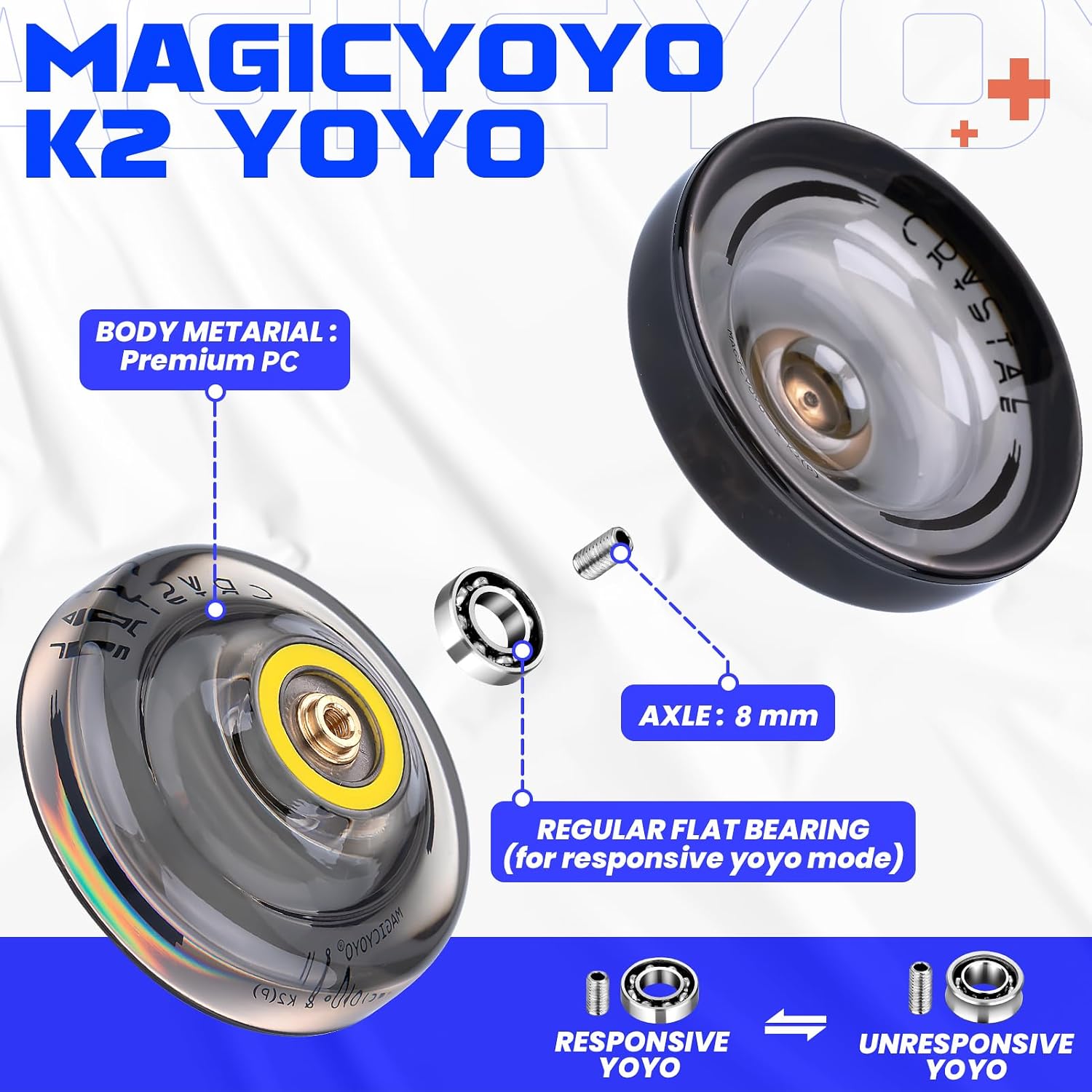 MAGICYOYO K1 Plus& K2 Responsive Yoyo for Kids, Professional Yoyos 2 Pack, Dual Purpose Plastic Yo-yo with Unresponsive Bearing for Adults/Advancer+12 Yo yo Strings+2 Holes Storage Case