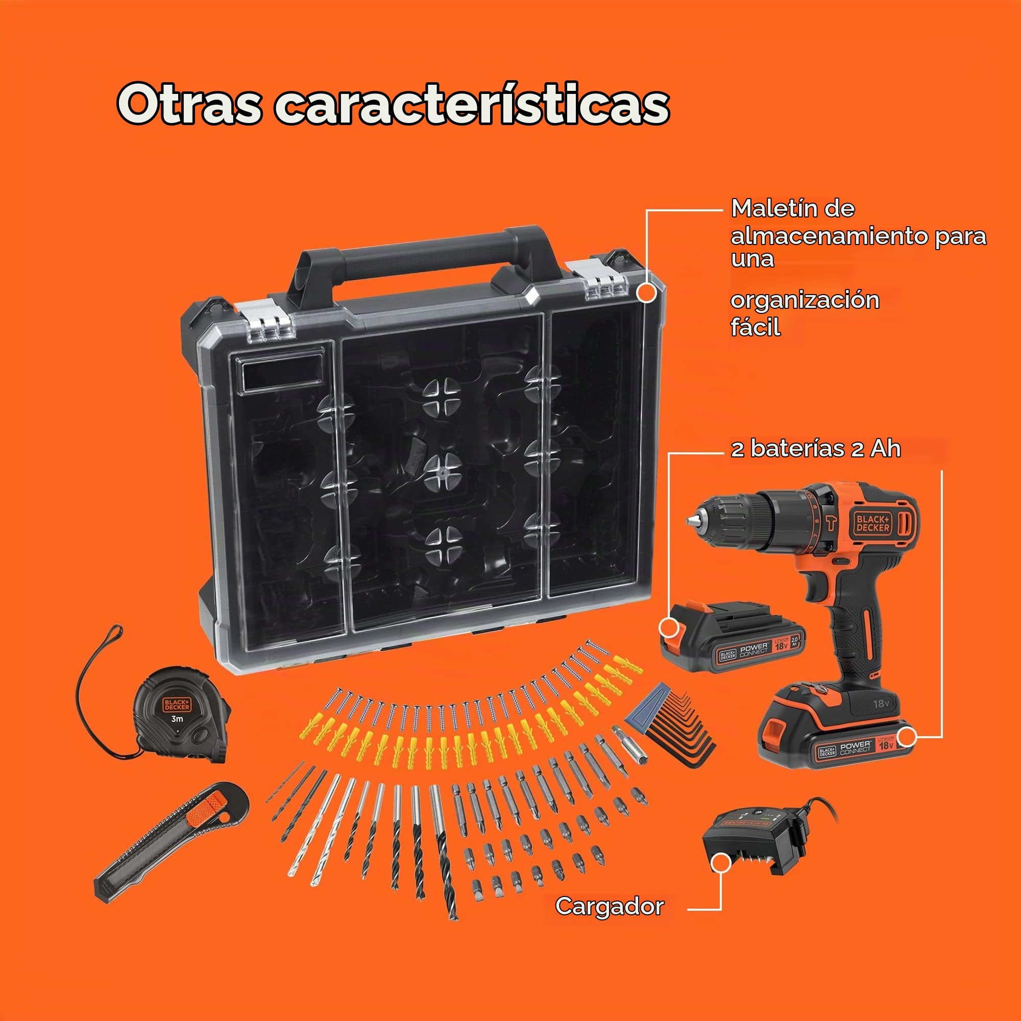 BLACK+DECKER Taladro de percusión 18V, 2 baterías 2Ah, cargador 400mA, 100 accesorios, maletín, BDCHD18D2AB-QW