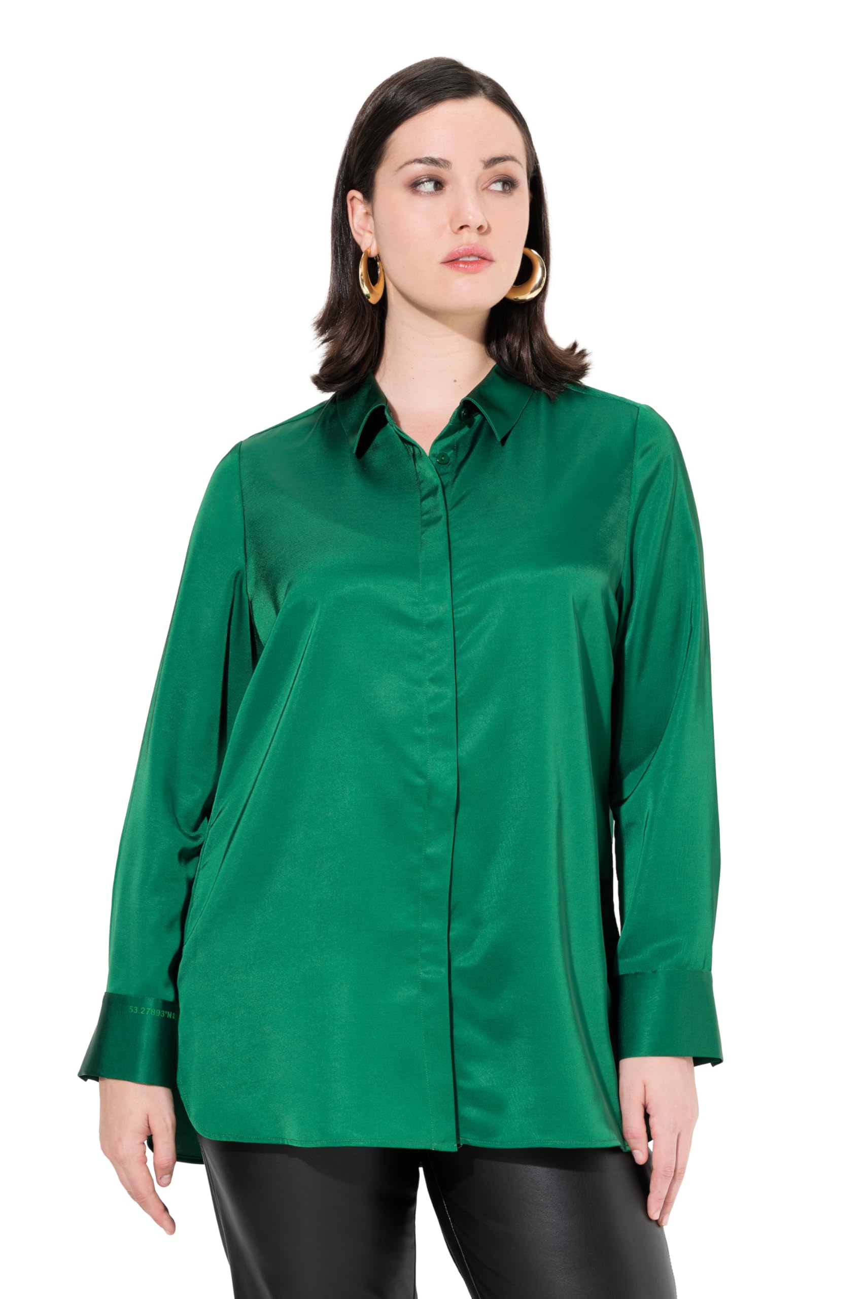 Ulla Popken Women's Satin-hemdbluse, Hinten Länger, Hemdkragen, Langarm Blouse, Emerald Green, 24 UK/26 UK