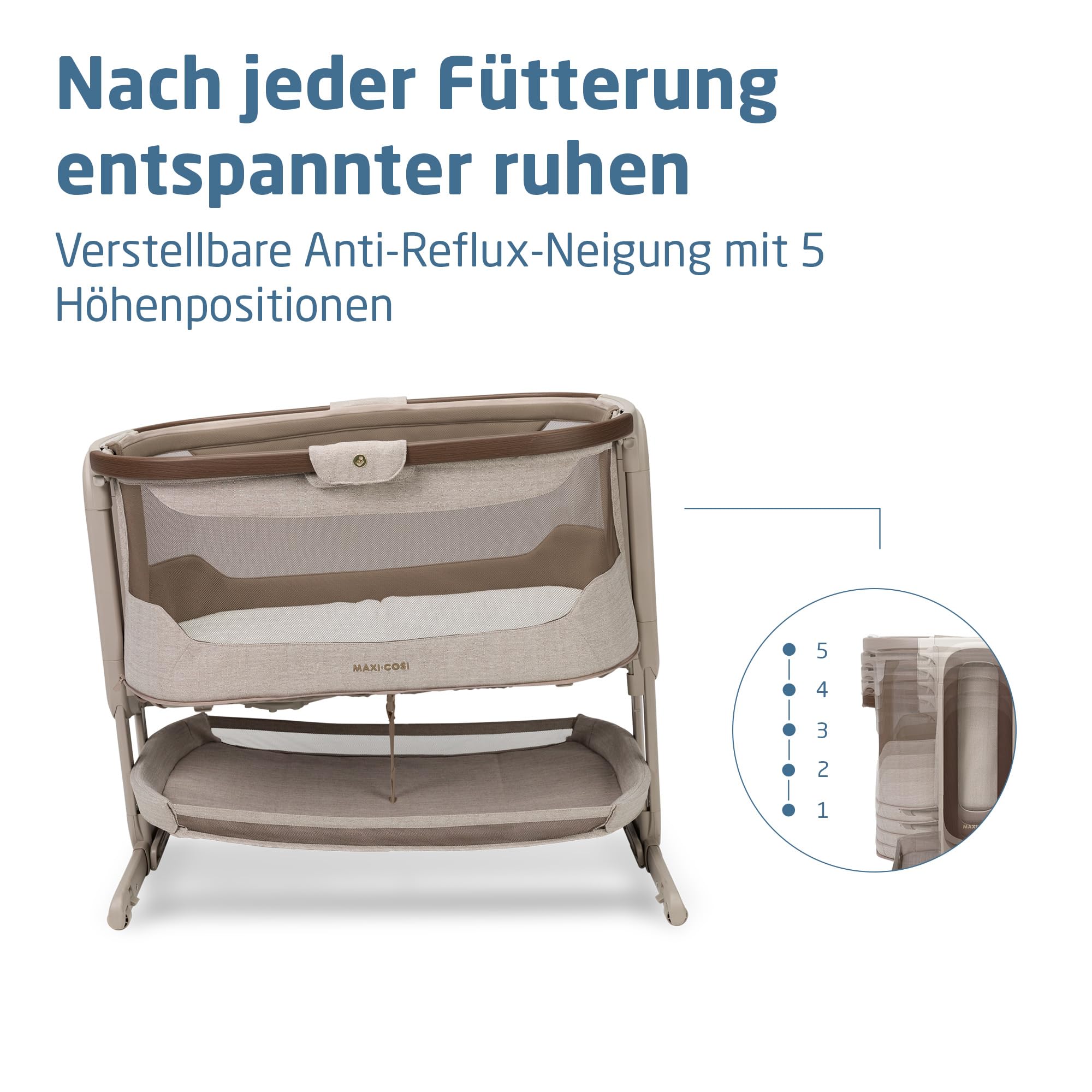 Maxi Cosi Iora Select Baby Stubenbett, 0–6 Monate (9 kg), Faltbares Beistellbett Schaukelnd/Schaukelbett, CloudCore-Matratze 3 cm, 5 Höhenstufen, 4 Leichtgängige Rollen, Easy Slide, Elegance Truffle