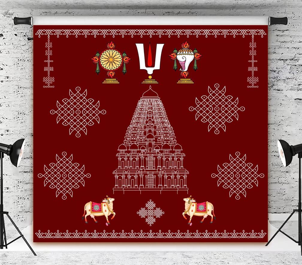 Maroon Temple Shankham Chakram with Dhenu Printed Backdrop 8FT-8FT | Wedding, Pooja & Mandir Decoration Cloth | HD Printed, Fully Stitched-image-46