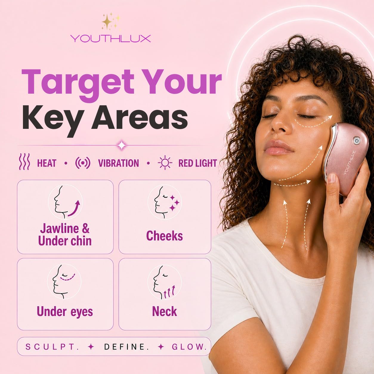 YouthLab ProSculpt Gua Sha Outil ultime de grattage/sculpture/raffermissement du visage, chaleur / vibration électrique, anti-âge/rides, gonflement des yeux, soulagement de la tension, acupression,