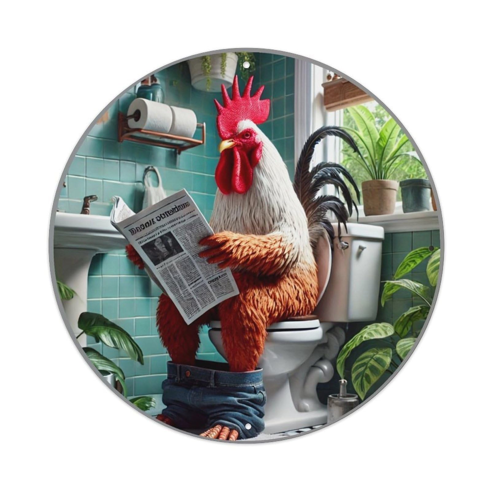 Rooster Reading Newspaper On Toilet Vintage Metal Tin Sign Retro Wall Decor for Home Bar Garage Cafe, Indoor & Outdoor Decorative，circle Metal Poster, 8x8 Inch