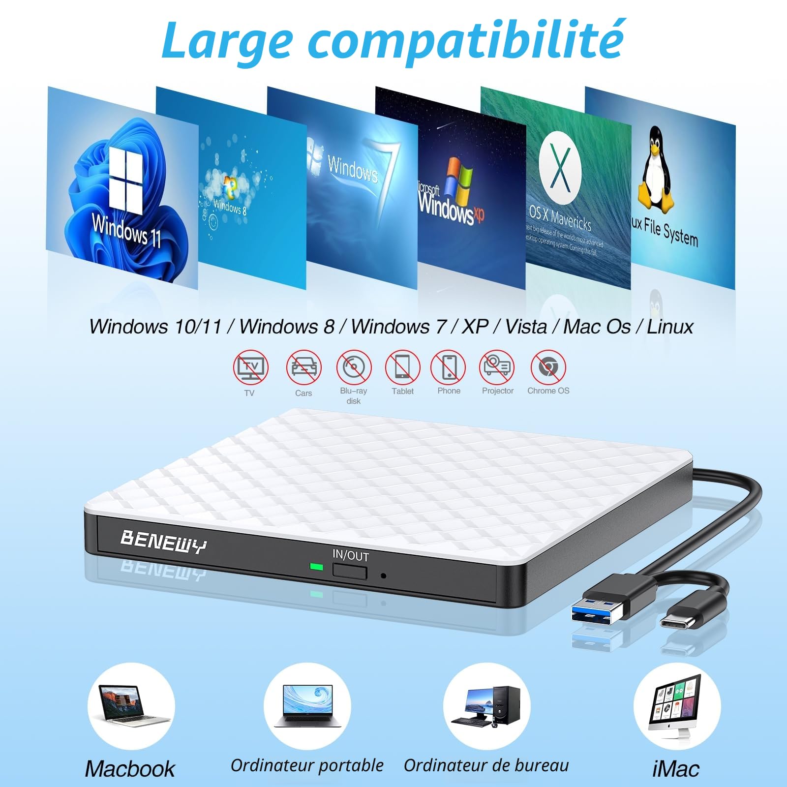 BENEWY Lecteur DVD CD Externe,USB 3.0 Graveur DVD CD Externe Lecteur CD/DVD/ROM Optique Externe pour PC Laptop, Macbook, Mac OS,Windows11/10/8.1/7/XP/Vista