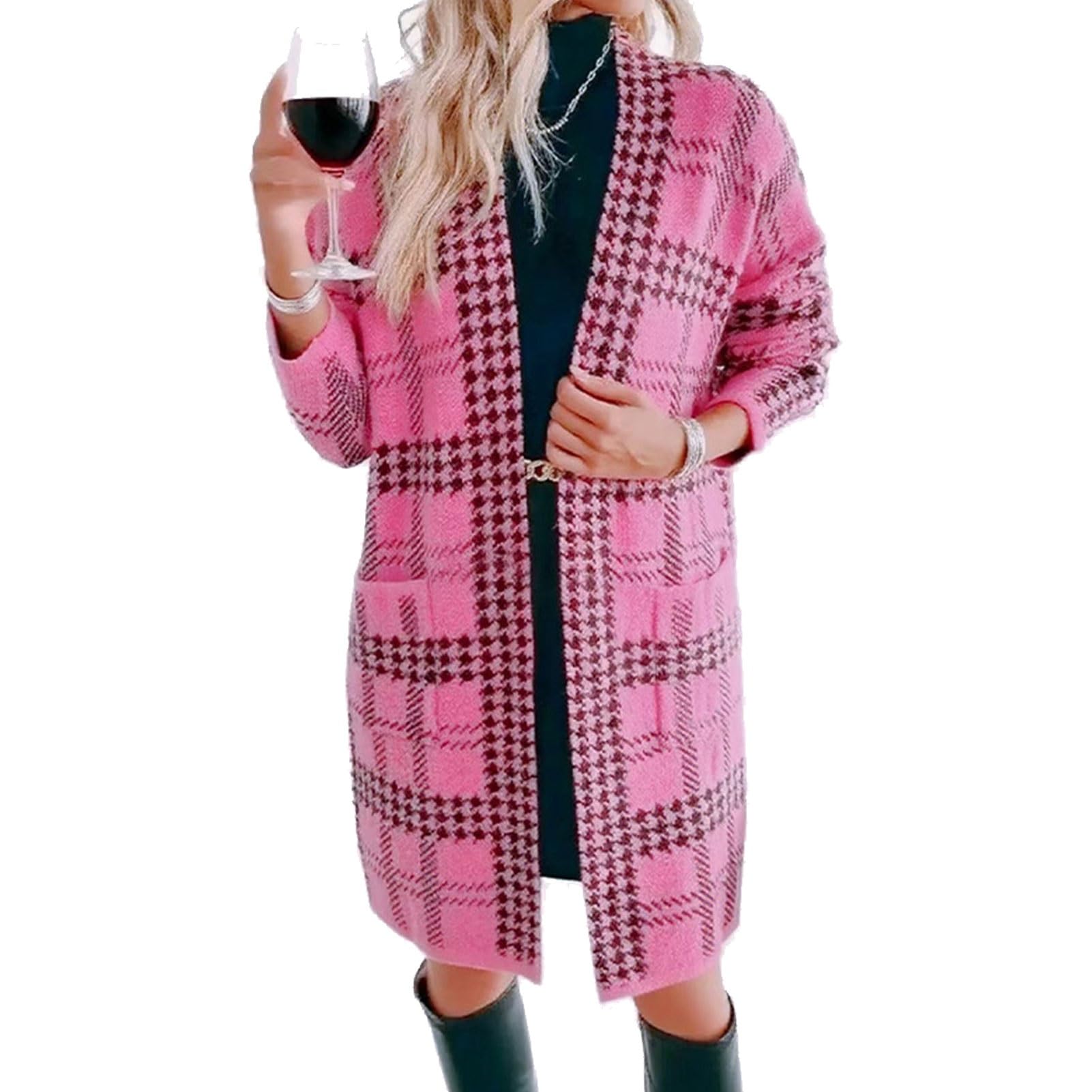 Womens Color Block Long Cardigan Chunky Checkered Oversized Open Front Sweater Coat
