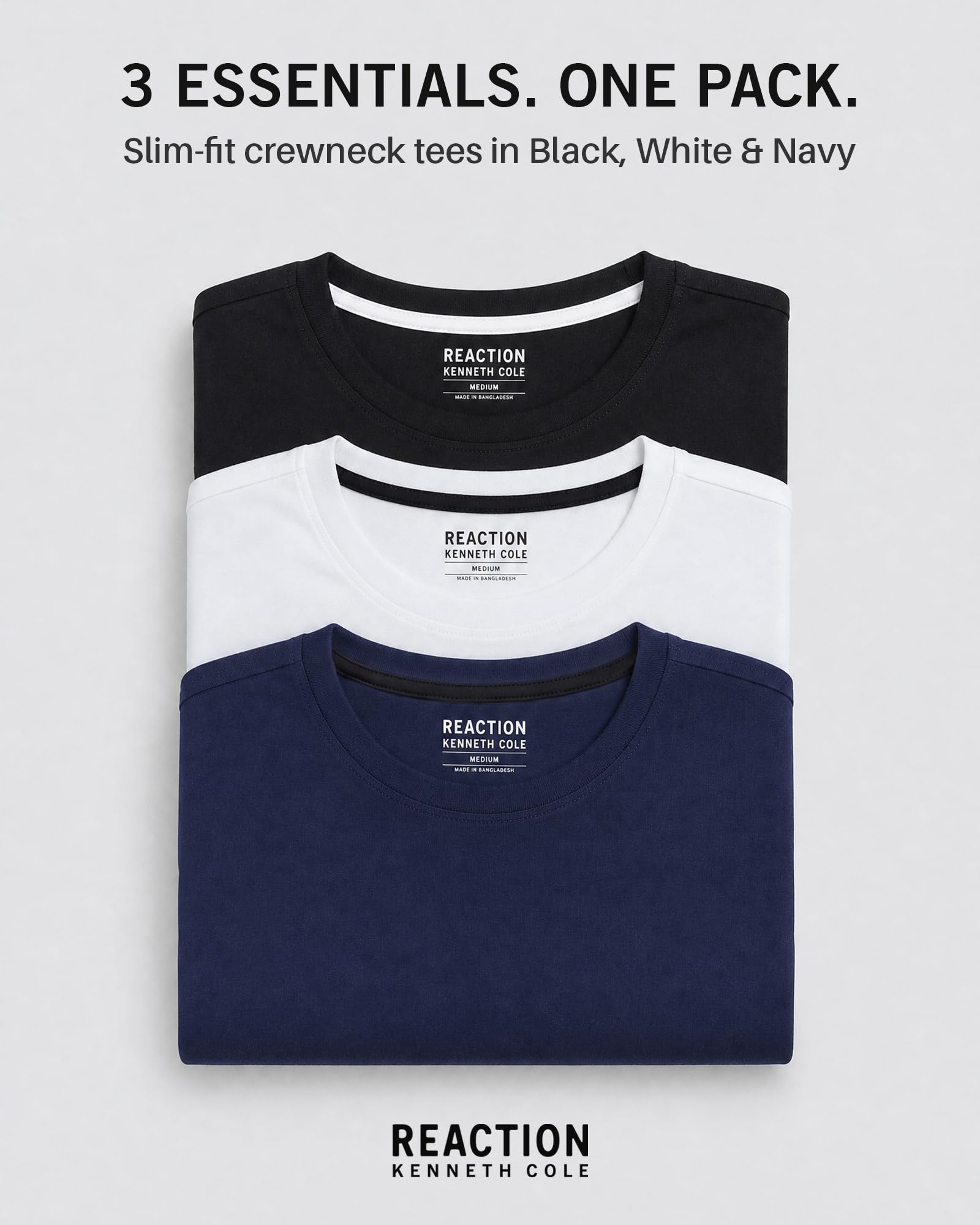 Kenneth Cole REACTION Mens T-Shirt Pack of 3 - UPF 50+ Cotton/Spandex Jersey Slim Fit White T Shirts for Men Pack (Black/White/Navy, XX-Large)