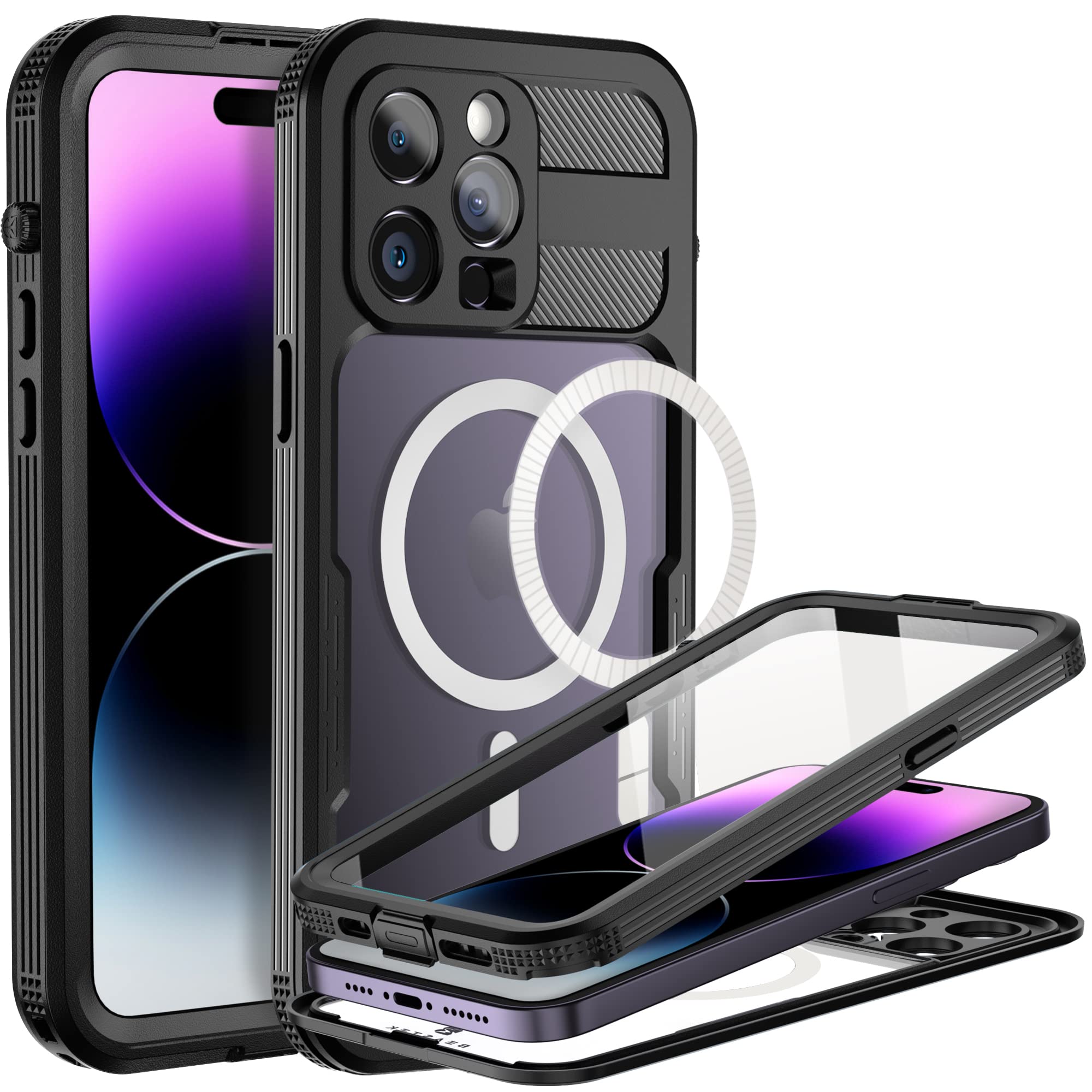 BEASTEK Funda impermeable para iPhone 14 Pro, serie SRE, MagSafe a prueba de golpes con protector de pantalla integrado y funda protectora magnética IP68, iPhone 14 Pro de 6.1 pulgadas (negro)
