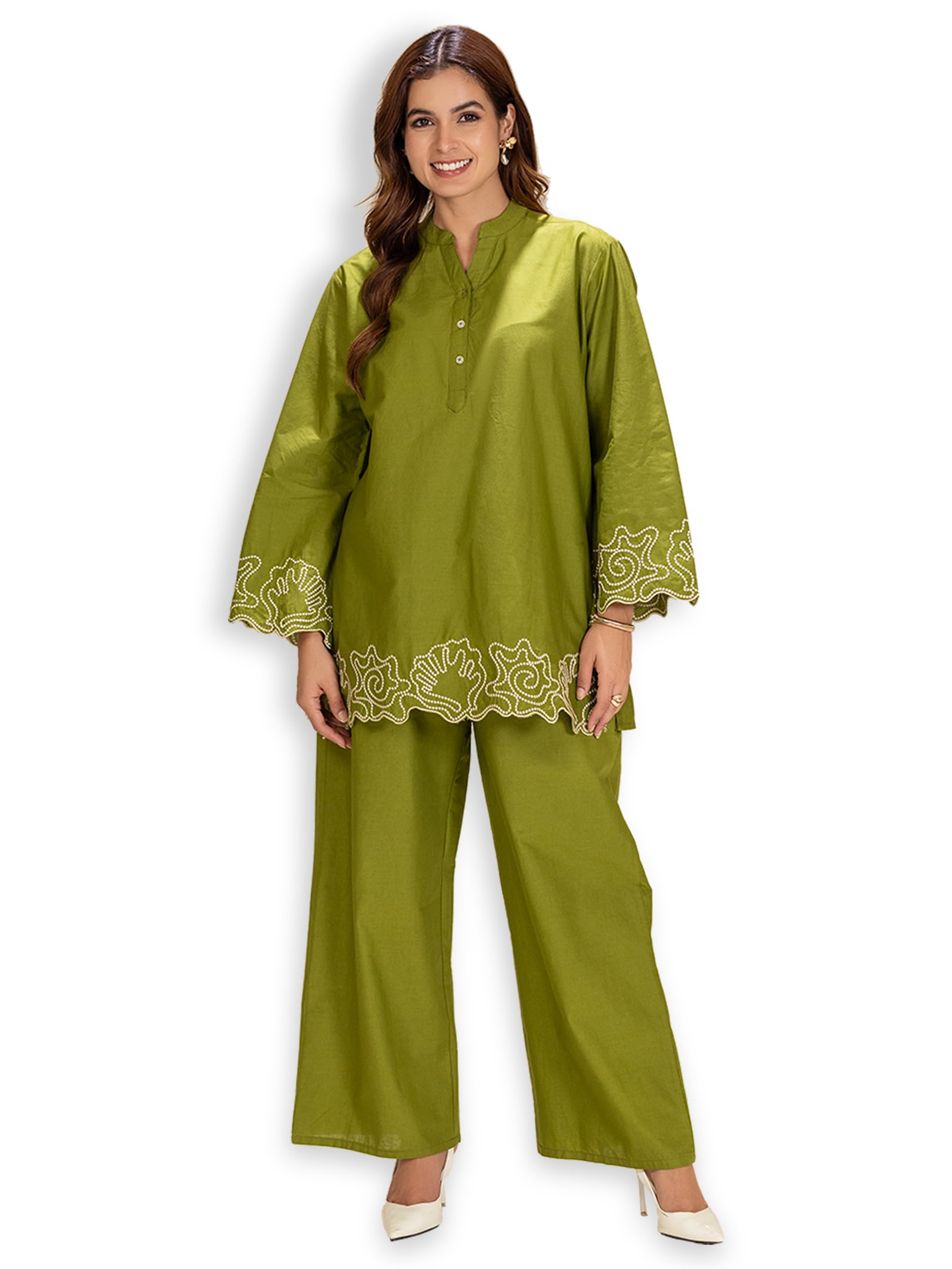 Women Pure Cotton Embroidered Co-ord Set | Mandarin Collar Tunic & Trouser Set with Star Stitch Work | Full Sleeves | Regular Fit | Side Pocket | M to XXL-image-23