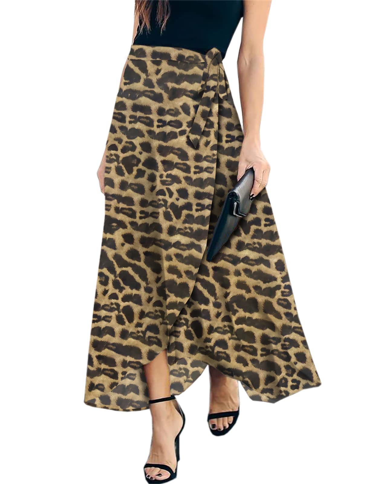 ChuanqiWomen's Boho Floral Print Maxi Skirts High Waist Self Tie Summer Beach Wrap Long Skirts, Leopard, Large