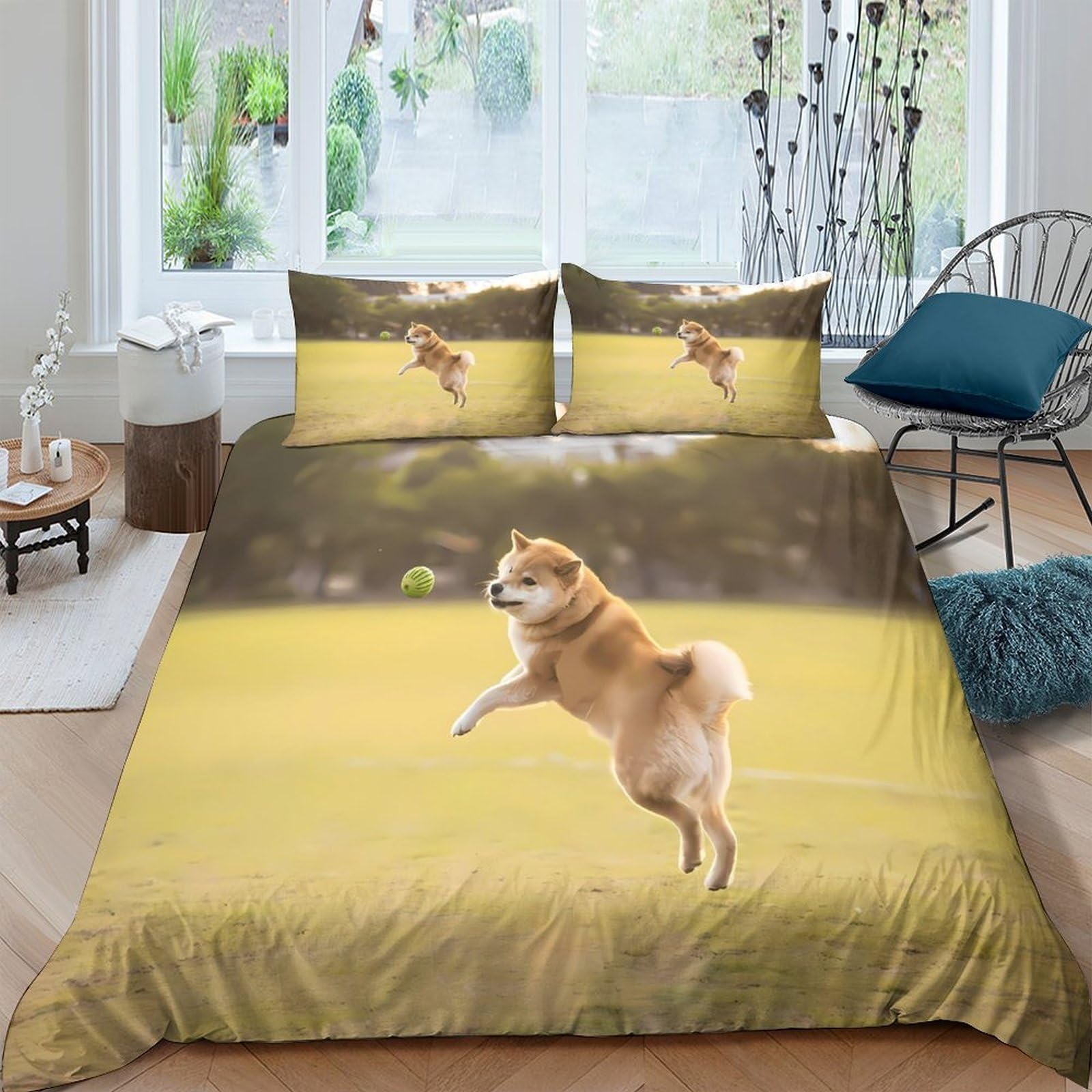 Ctjqhvkz Style-6 3D Printed Shiba Inu Jumping Fitted Sheet Microfiber Soft Yellow Meadow Bed Cover For Bedroom Guest Room Decor Single（135X200cm）