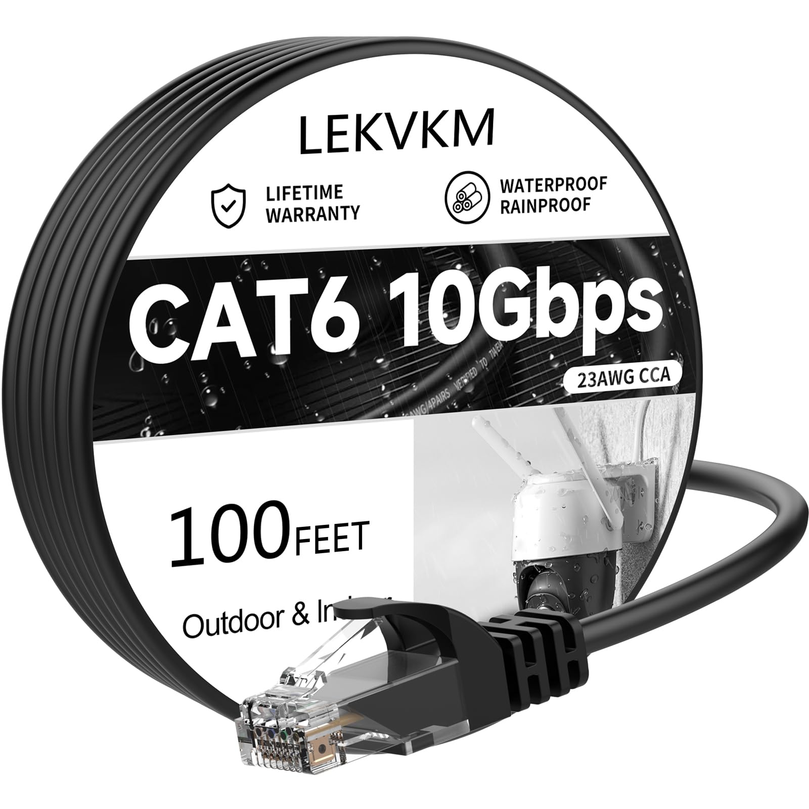 Câble Ethernet Cat 6 de 30,5 m haut débit 23 AWG RJ45 pour une utilisation en extérieur et en intérieur, prend en charge les réseaux CAT6 de 10 Gbit/s, polyéthylène noir étanche, ordinateur LAN