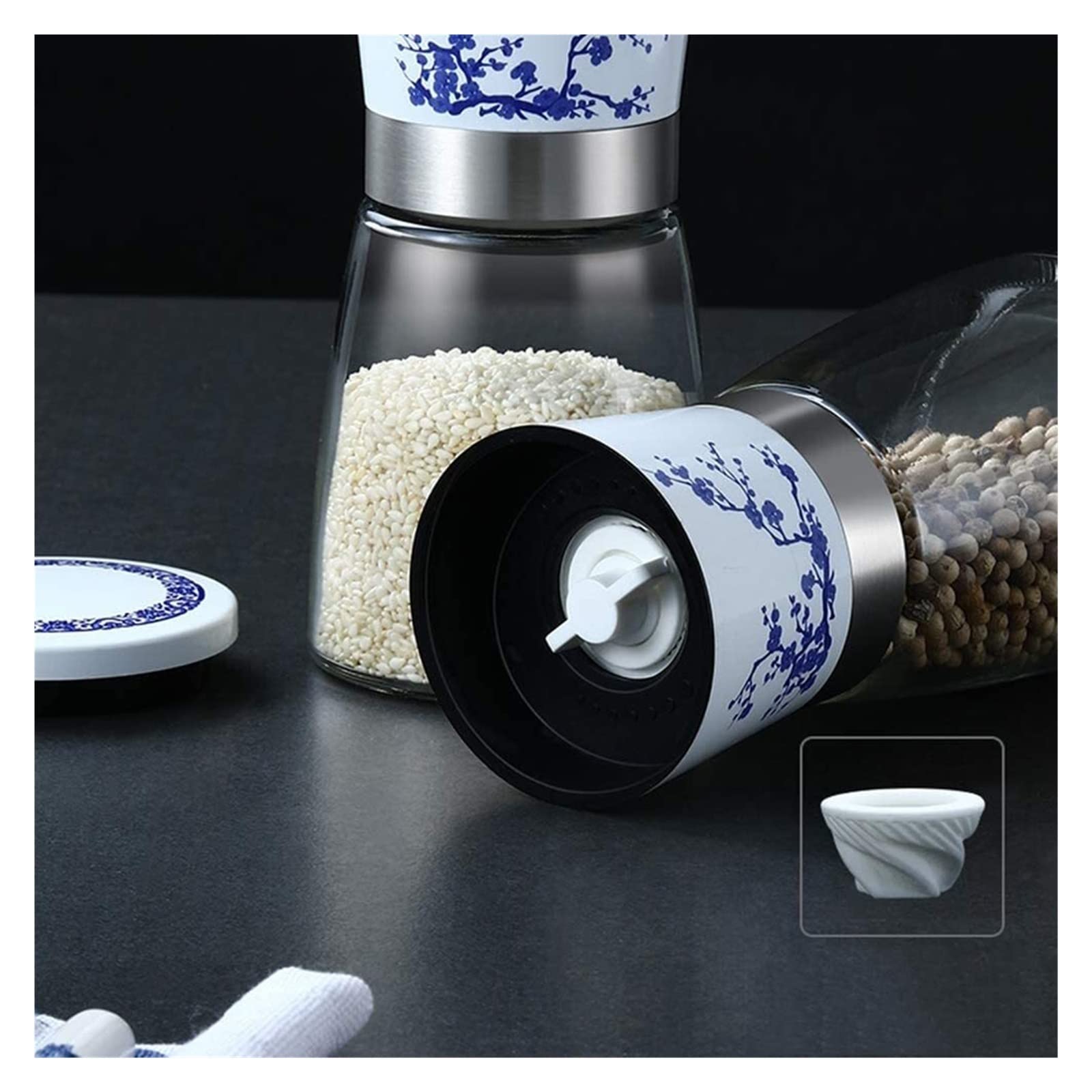 Młynek do Pieprzu Młynki do Pieprzu Zestaw Młynka Do Soli I Pieprzu, Niebiesko-biała Porcelana Młynek Do Soli I Pieprzu Ze Szklanym Korpusem Butelki Na Przyprawy Młynek do Soli Młynek do Pieprzu i Sol