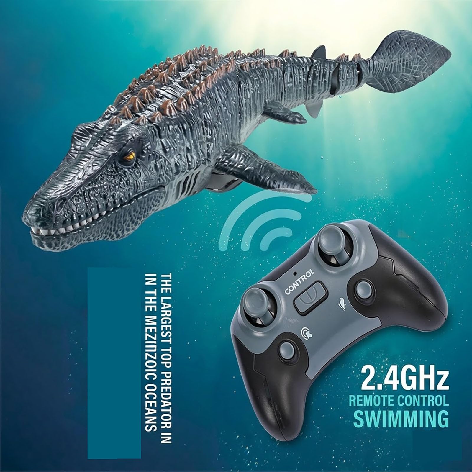 Adius Barca Telecomandata Mosasaurus 2.4GHz, Nuotatore con Luce Spray RC per Bambini, di simulazione Mosasaurus, Piscine e Laghi Giocattolo Spruzzare Acqua (Giallo)