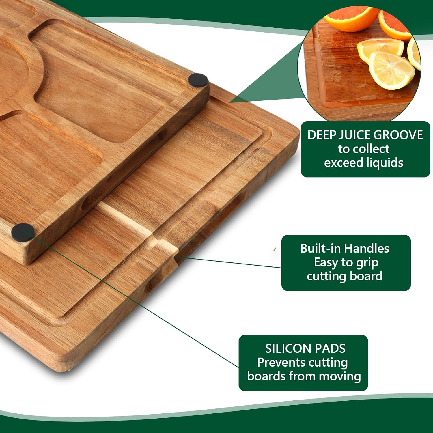 Acacia Wood Cutting Boards for Kitchen Set of 3, Chopping Board with Holder, with Deep Juice Groove Grip Handles, Charcuterie Boards, for Meat, Vegetables and Fruits and Cheese (Set A of 3) - Image 4