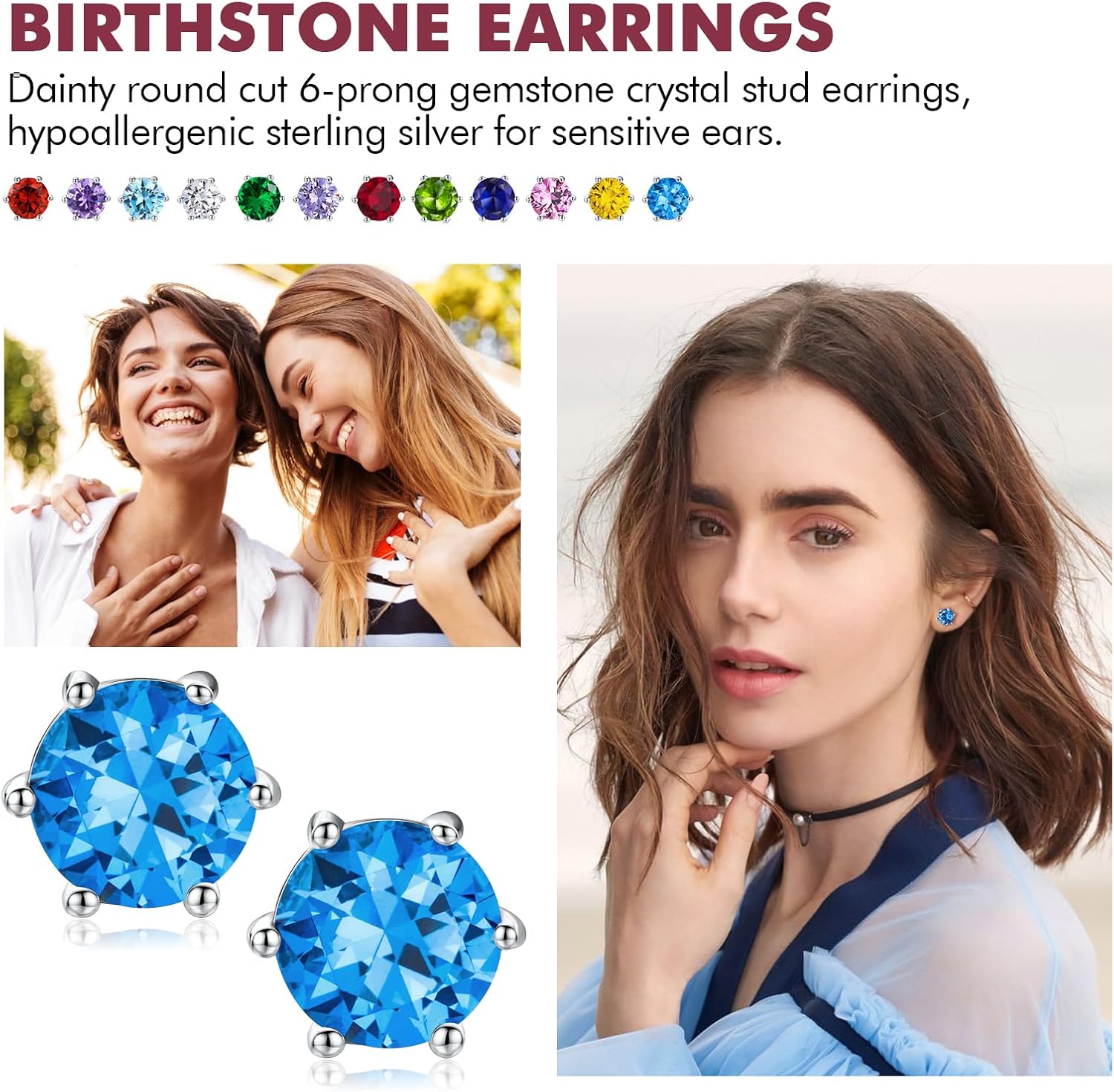 DAYBYDAY 925 Sterling Silver Birthstone Earrings for Women, Crystal Stud Earrings, 6.5mm Round Cut Solitaire Gemstone Earrings Birthday Jewelry - Image 2