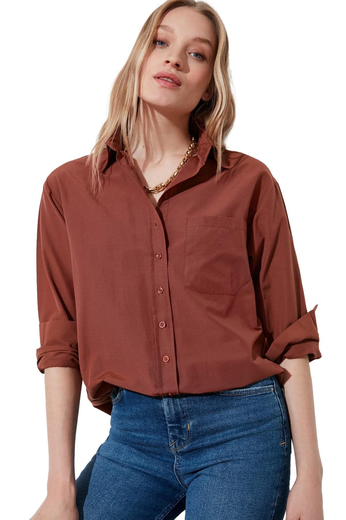 Trendyol Damen Brown Boyfriend Shirt, Brown, 36 EU