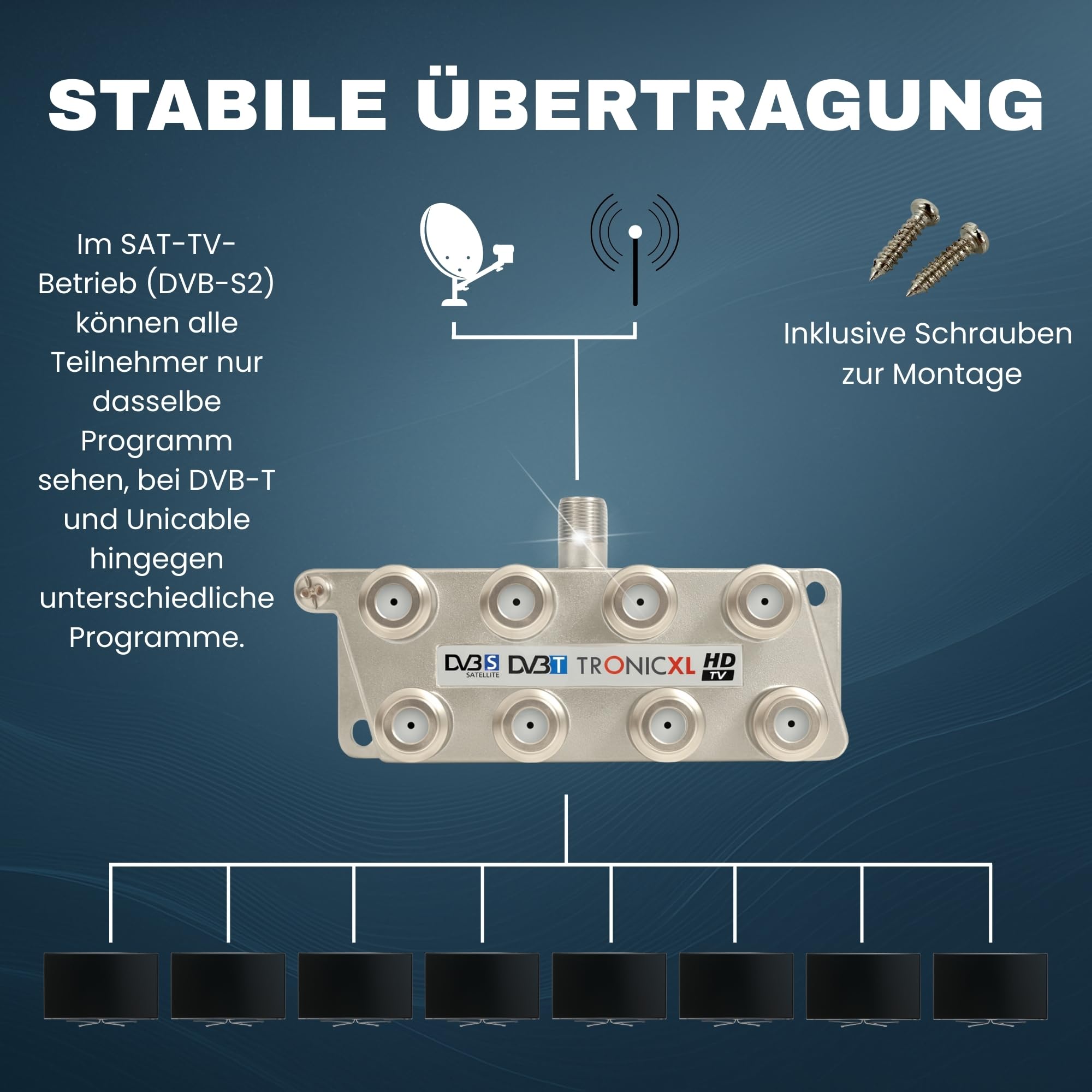 TronicXL Splitter satellitare a 8 vie da 160 dB, amplificatore I distributore antenna morbido DVB-S2 DVB-T2 morbido con amplificatore per antenna per amplificatore di segnale 3D 4K HDTV per una buona