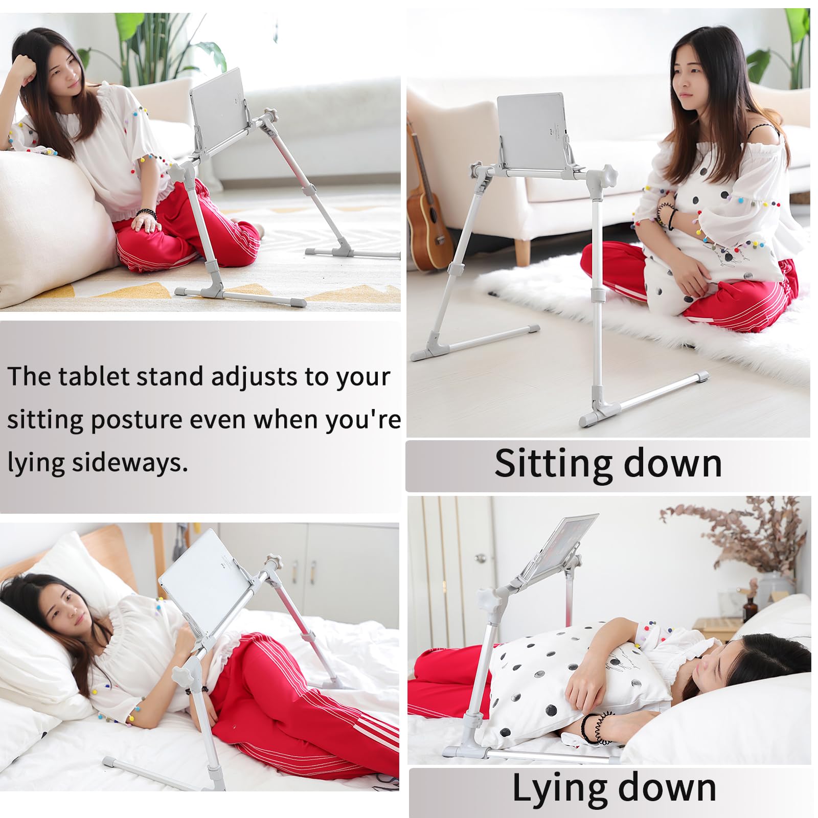 Soporte giratorio de 360° para iPad/tabletas/teléfonos de 0 a 12.9 pulgadas, altura ajustable (13.7-17.7 pulgadas) y soporte de aluminio plegable para cama, sofá, suelo, escritorio, leer, ver
