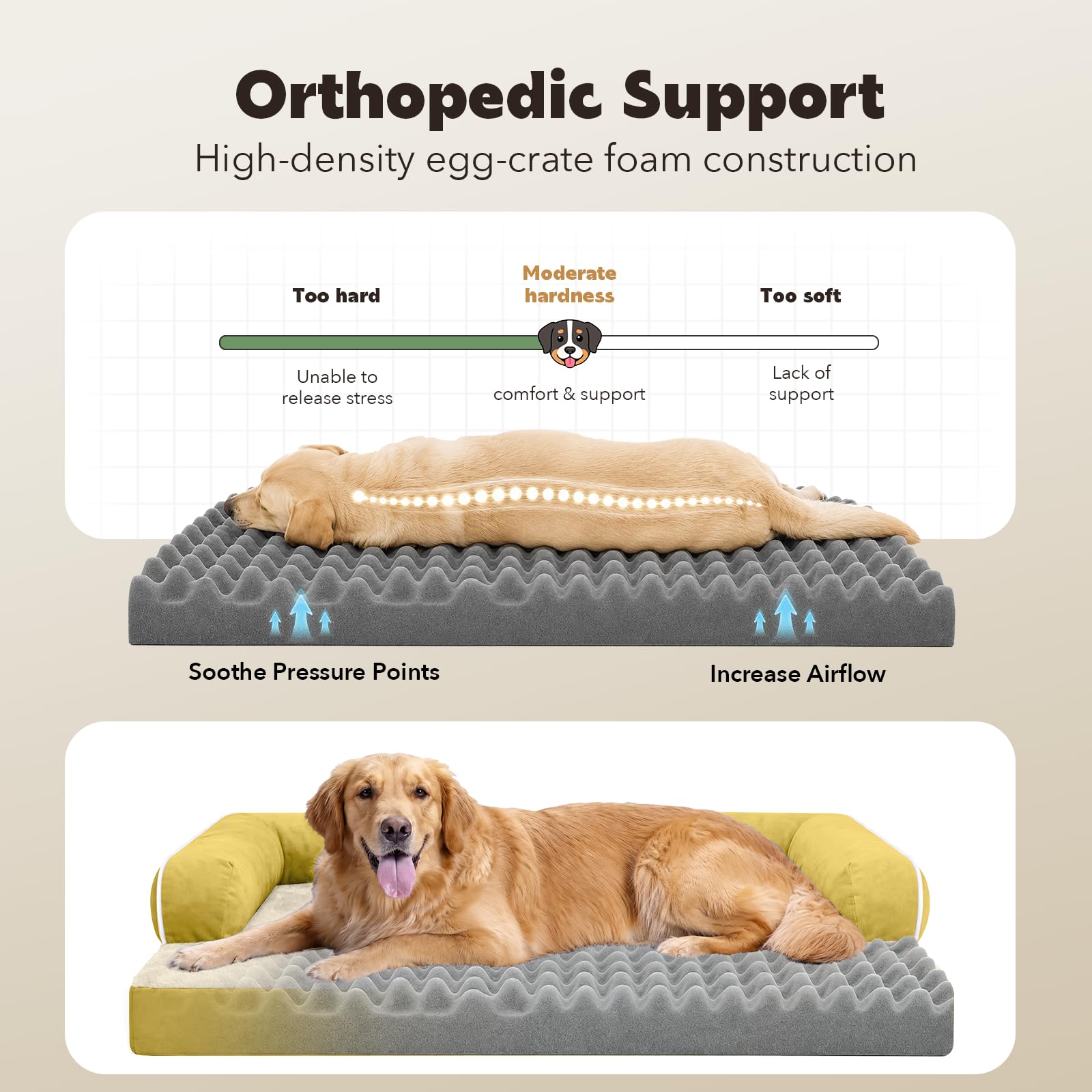Orthopädisches Hundebett für große Hunde, orthopädisch, waschbar, Couch-Sofa, Größe XL, große Hunde, Nackenrolle, Memory-Schaum, wasserdicht, mit abnehmbarem Bezug, Ingwergelb