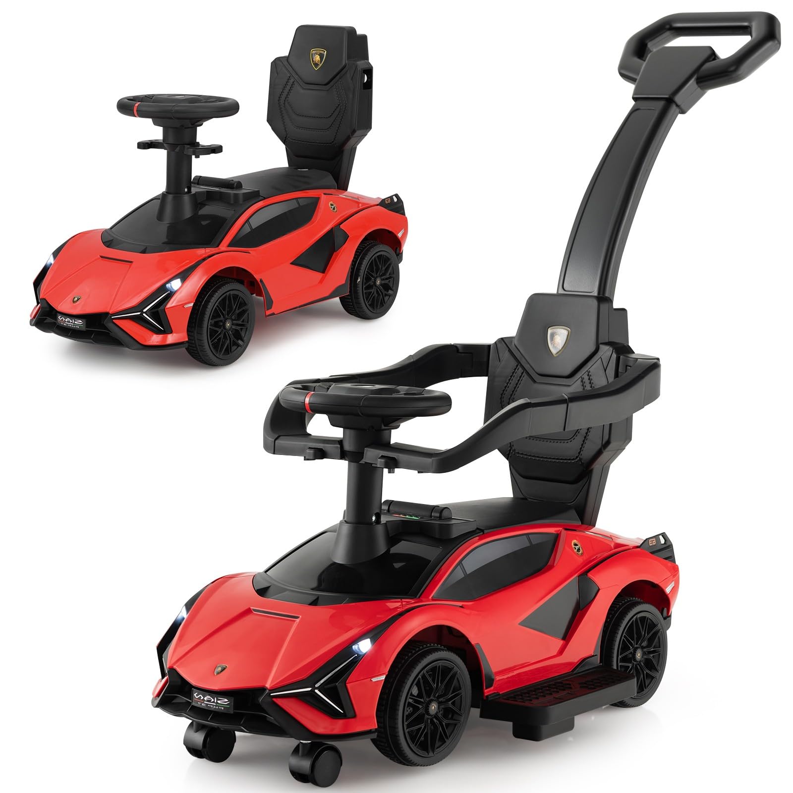 INFANS 3 in 1 Licensed Lamborghini Ride on Push Car with Parent Control Handle, Sliding Walking Car with Music, USB, Headlight, Under Seat Storage, Foot-to-Floor Toy for 18-60 Months (Ruby)
