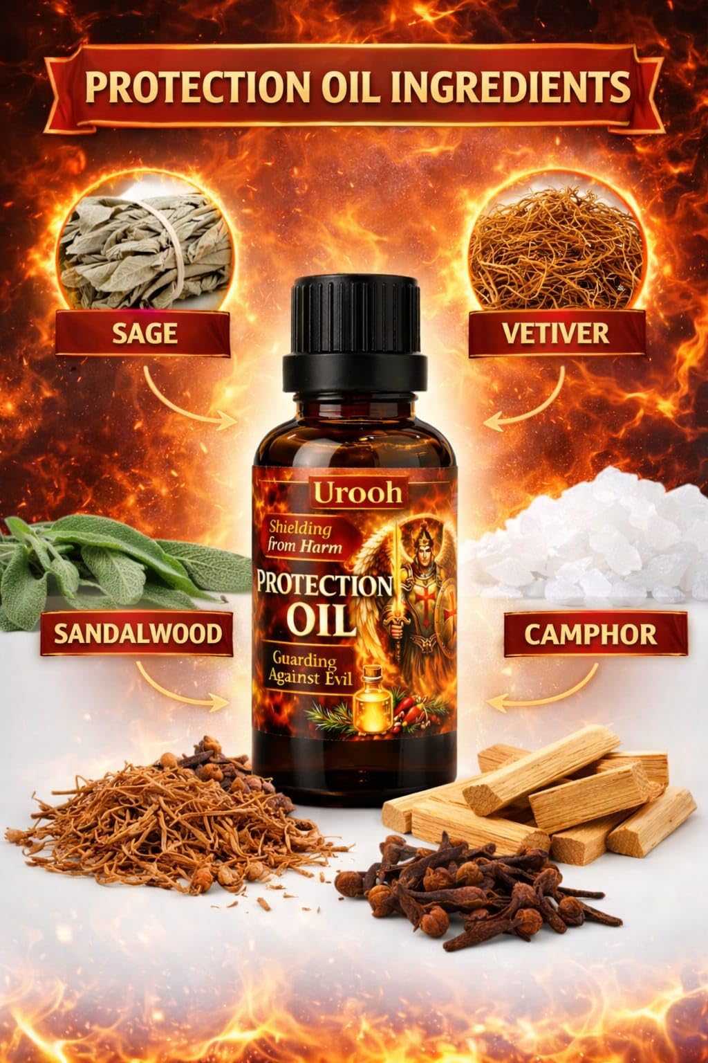 Urooh Protection Oil โ Spiritual Protection & Aura Cleansing | Sacred Blend of Camphor, Sage, Vetiver, Sage & Clove | Removes Negative Energy | Ritual & Meditation 1