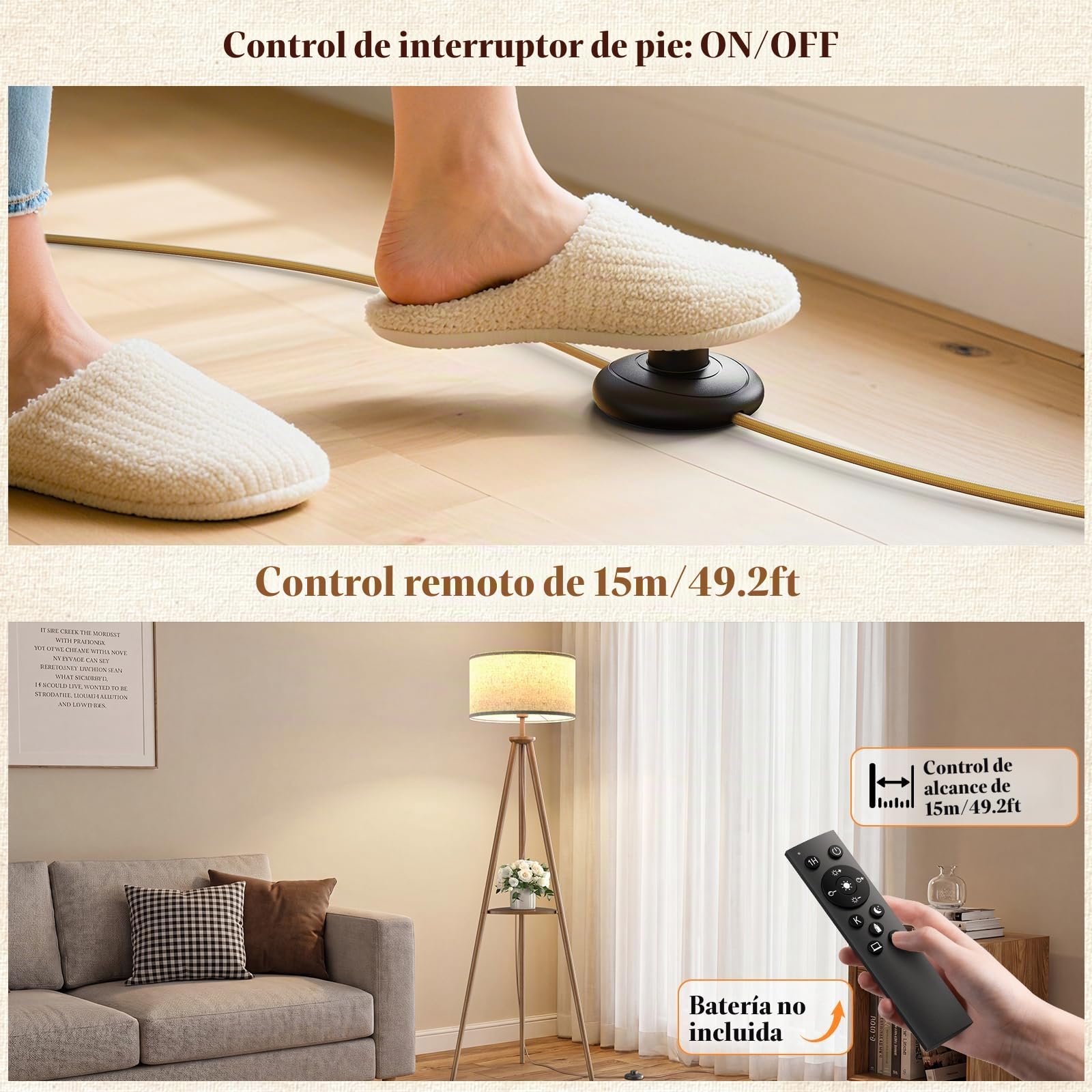 Lámpara de Pie Trípode LED Regulable Con Separadores de Almacenaje - 12W Lampara de Pie Madera con Mando & Bombilla E27, Luz para Leer para Salón, Dormitorio, Marrón Oscuro - Estante Triangular