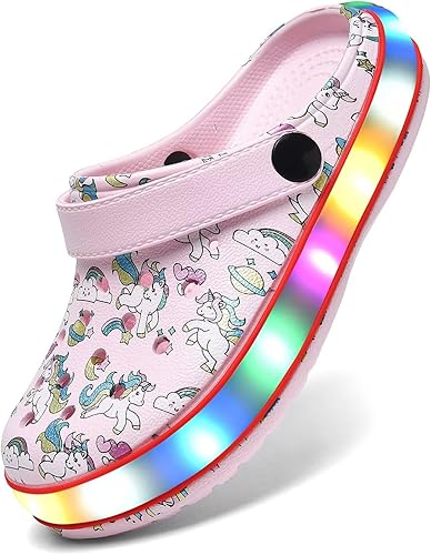 XPKWS Zuecos para niños pequeños, niños y niñas, zapatos de jardín con luces LED, sandalias ligeras con luces, antideslizantes, de secado rápido,