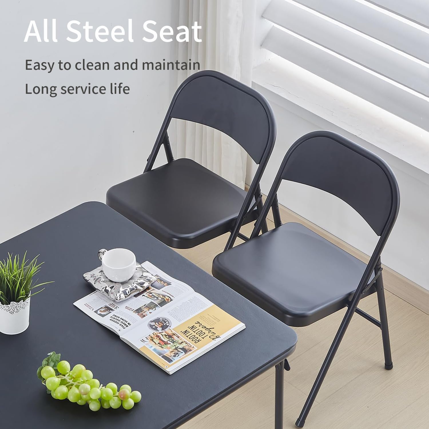 KAIHAOWIN All Steel Folding Chairs Metal Frame Double Hinged Foldable Chairs for Indoor Outside Events Home Office 4 Pack -Black