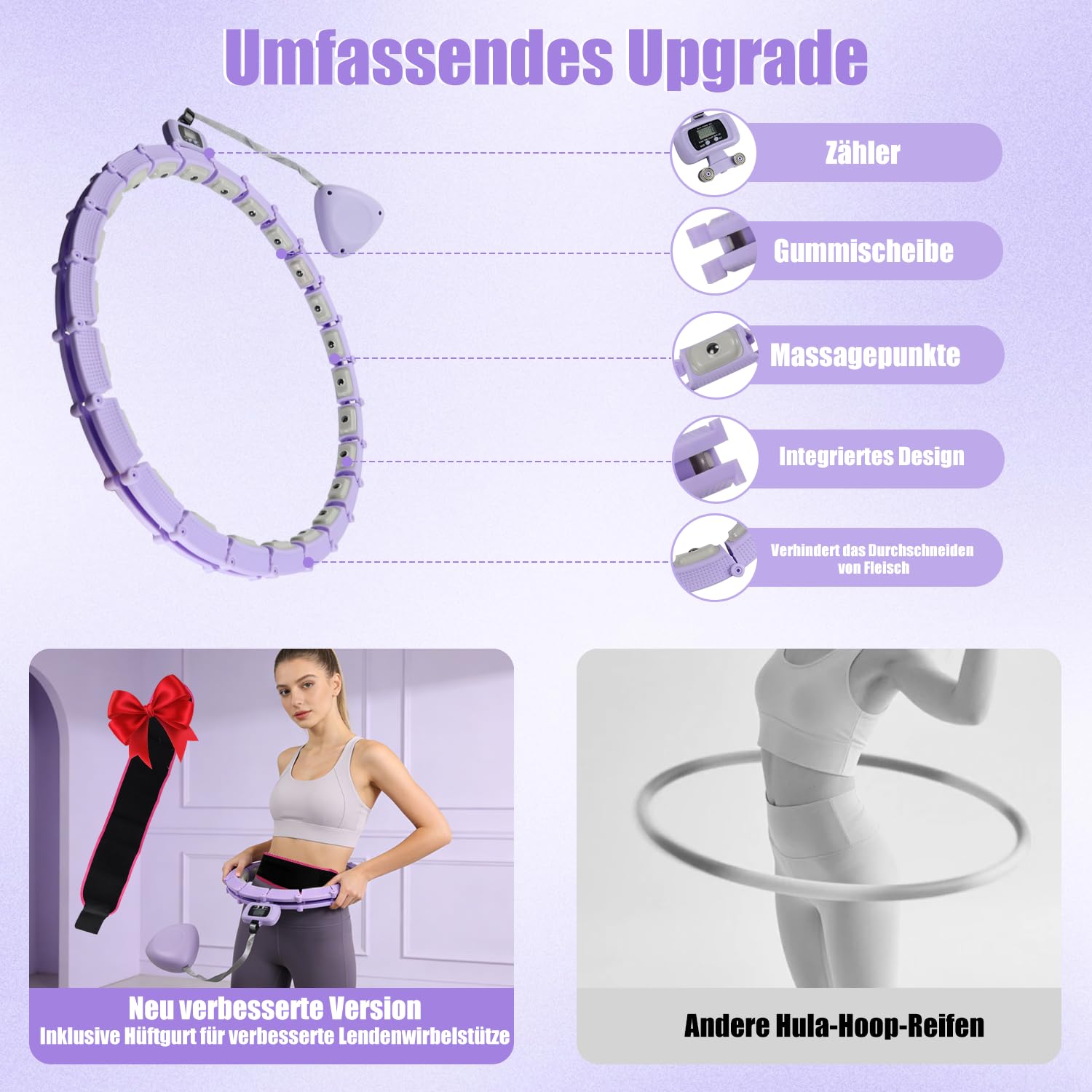 Smart Hula Hoop Reifen Erwachsene und Anfänger mit Gewicht Kugel und Zähler, 24 Knoten Umfang (74-120cm) Hula Hoop mit Hüftgürtel, Abnehmbarer, zum Abnehmen und Fit Werden, Geräuscharm, Frau/Männer