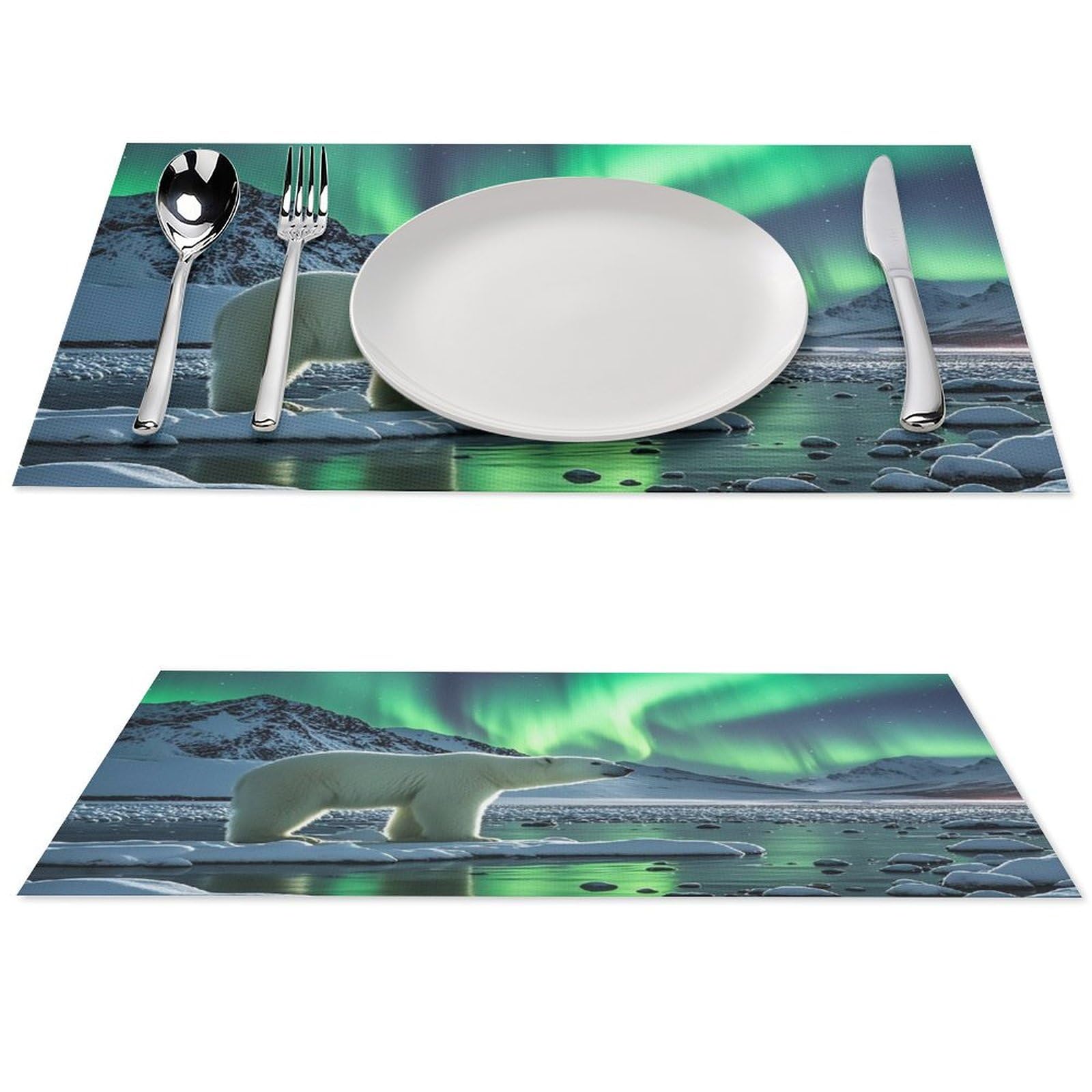 Set de table ours polaire et aurore boréale en PVC lavable | Lot de 6 pièces antidérapantes