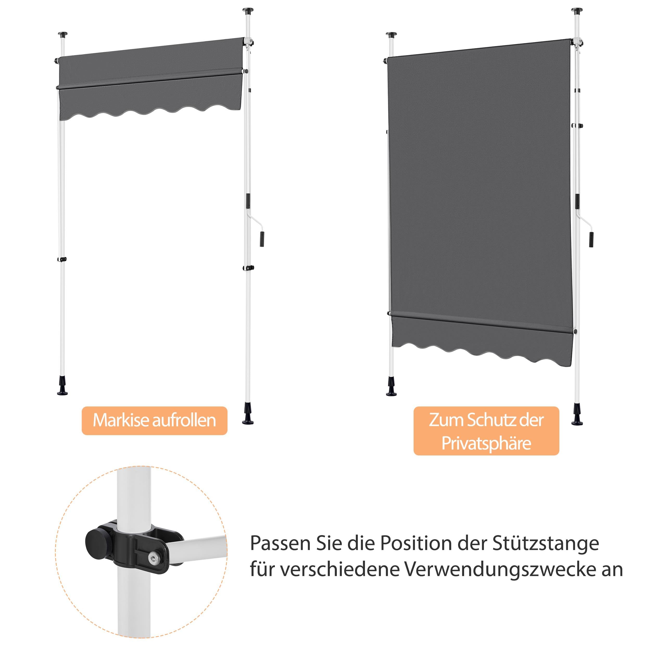 Yaheetech Markiza balkonowa z korbą ręczną, szerokość 150 cm, ochrona przed słońcem, bez wiercenia, markiza z regulacją wysokości, wodoszczelna, ciemnoszara