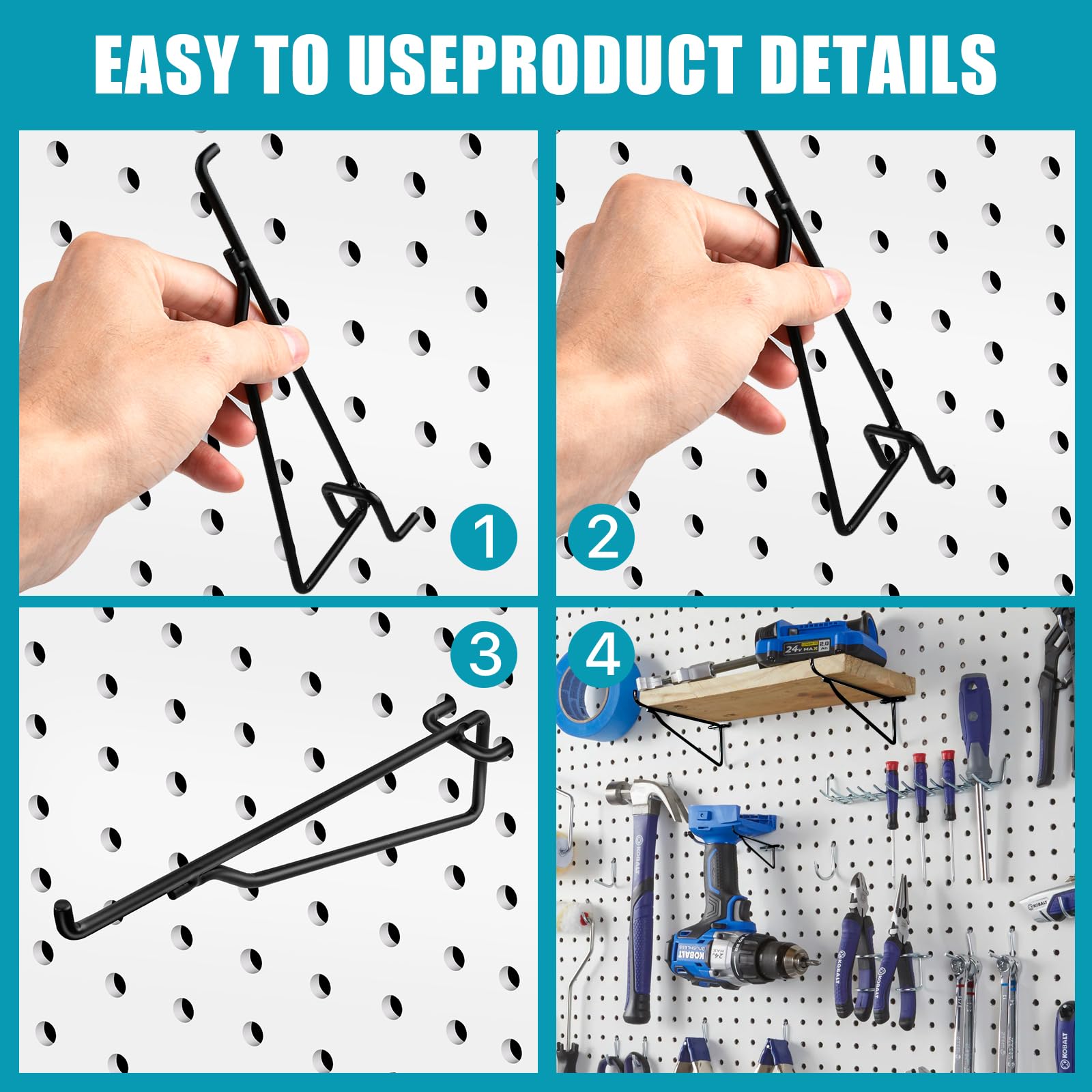 Stecktafel-Haken aus Metall, 15,2 cm, passend für 1/4 Stecktafel, Stecktafel-Regalhaken, Stecktafel-Regale für die Organisation von Werkbank, Garage, Handwerksraum, Einzelhandel, 16 Stück